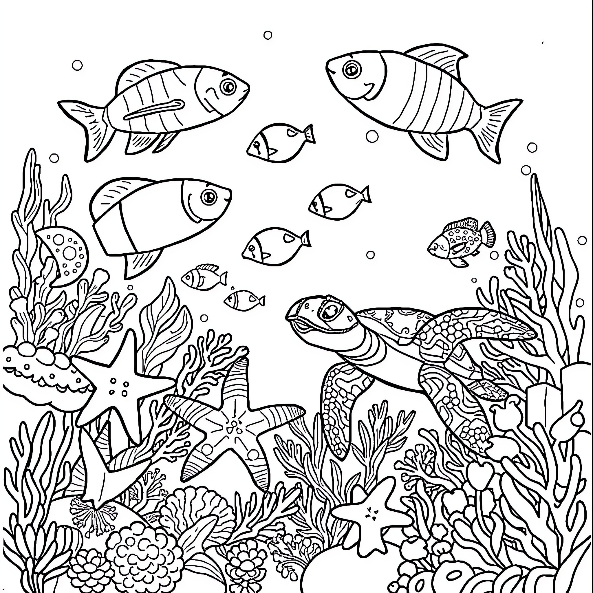 Sea Creatures Swimming Amidst Underwater Coral and Plants Coloring Page (free black-and-white line drawing printable PDF for all, from beginners to advanced learners, including children, teens, adults, and seniors)