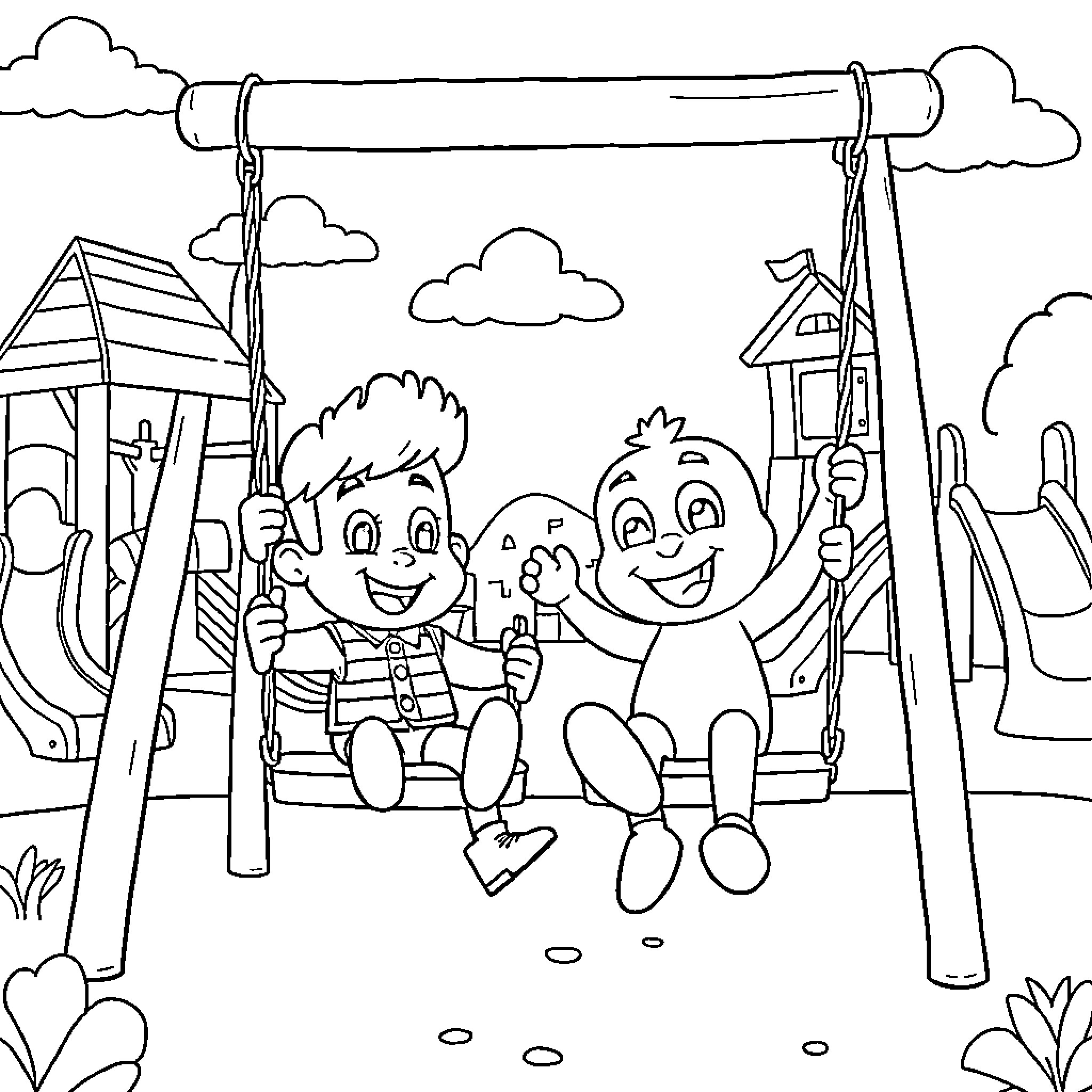 Woody and Friends Enjoying Playtime on Swing Set Coloring Page (free black-and-white line drawing printable PDF for all, from beginners to advanced learners, including children, teens, adults, and seniors)