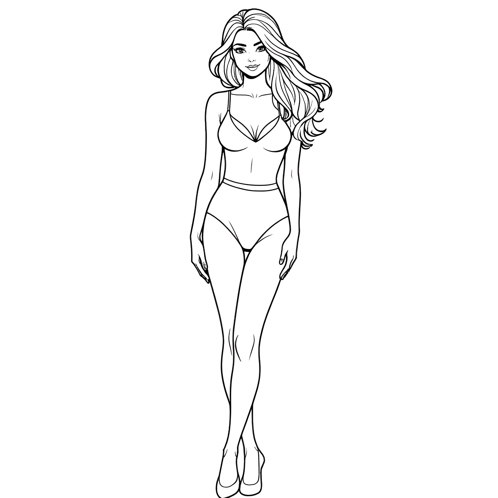 Woman wearing swimsuit posing confidently Coloring Page (free black-and-white line drawing printable PDF for all, from beginners to advanced learners, including children, teens, adults, and seniors)
