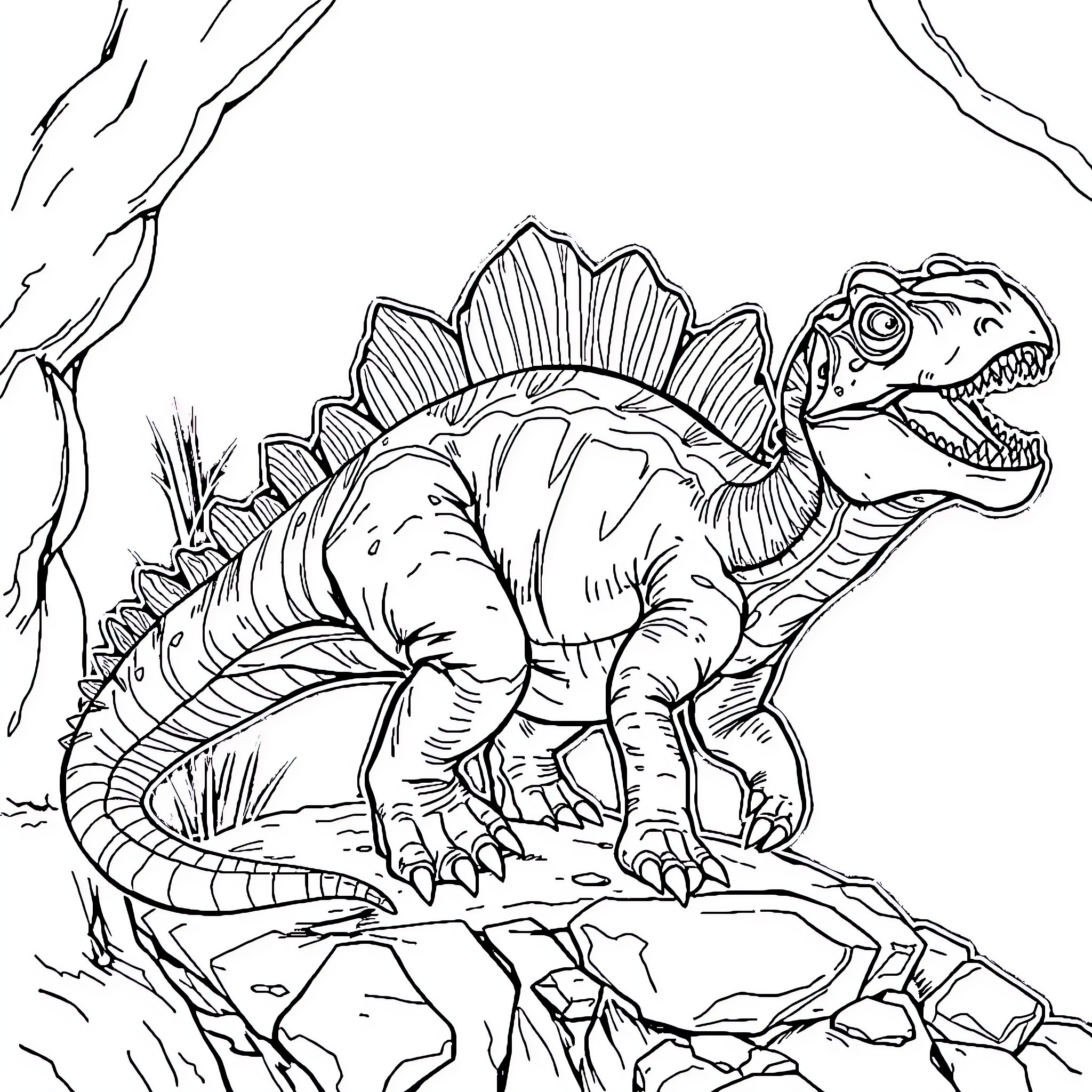 Dinosaur Nail Snarling Fiercely in the Wild Coloring Page (free black-and-white line drawing printable PDF for all, from beginners to advanced learners, including children, teens, adults, and seniors)