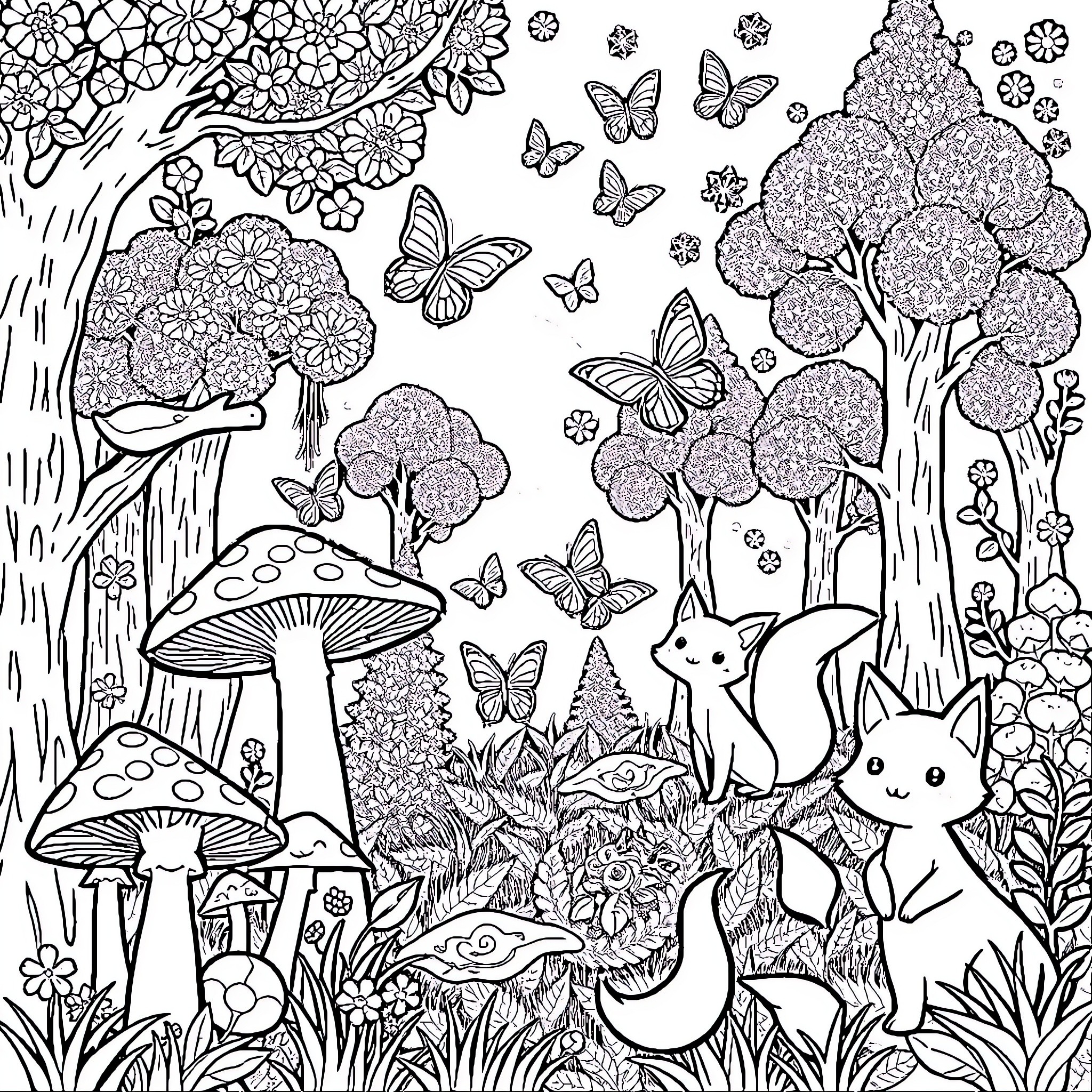 Forest of Whimsical Creatures and Butterflies Coloring Page (free black-and-white line drawing printable PDF for all, from beginners to advanced learners, including children, teens, adults, and seniors)