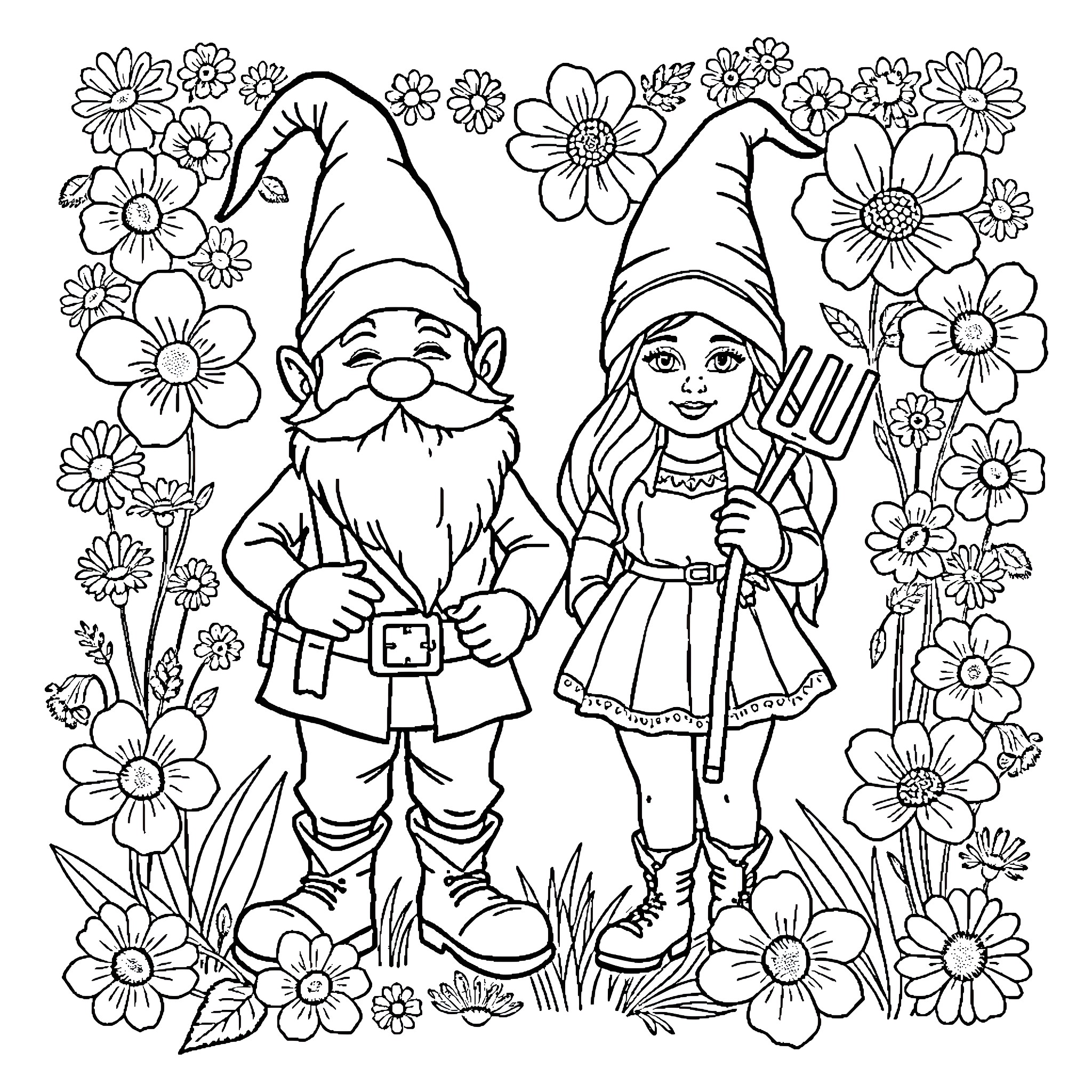 Gnome couple in a floral garden Coloring Page (free black-and-white line drawing printable PDF for all, from beginners to advanced learners, including children, teens, adults, and seniors)