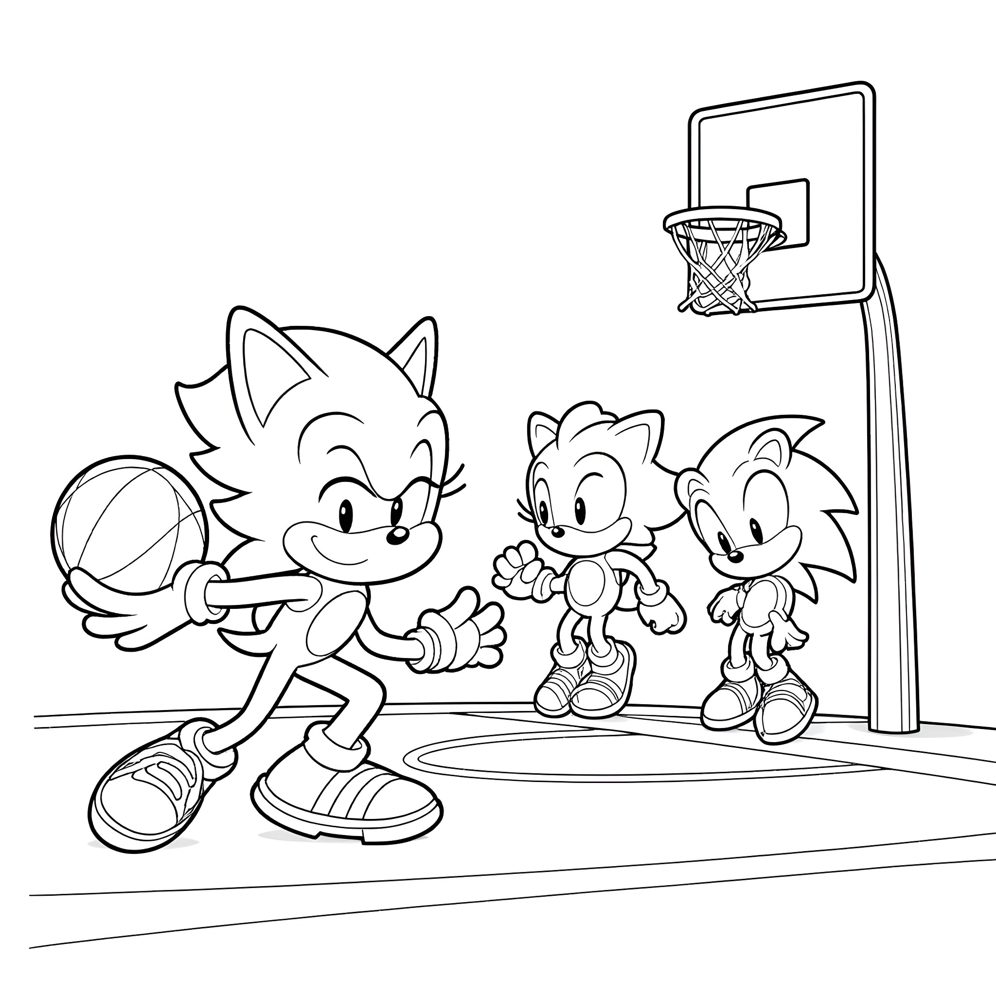 Sonic and friends playing basketball on the court Coloring Page (free black-and-white line drawing printable PDF for all, from beginners to advanced learners, including children, teens, adults, and seniors)