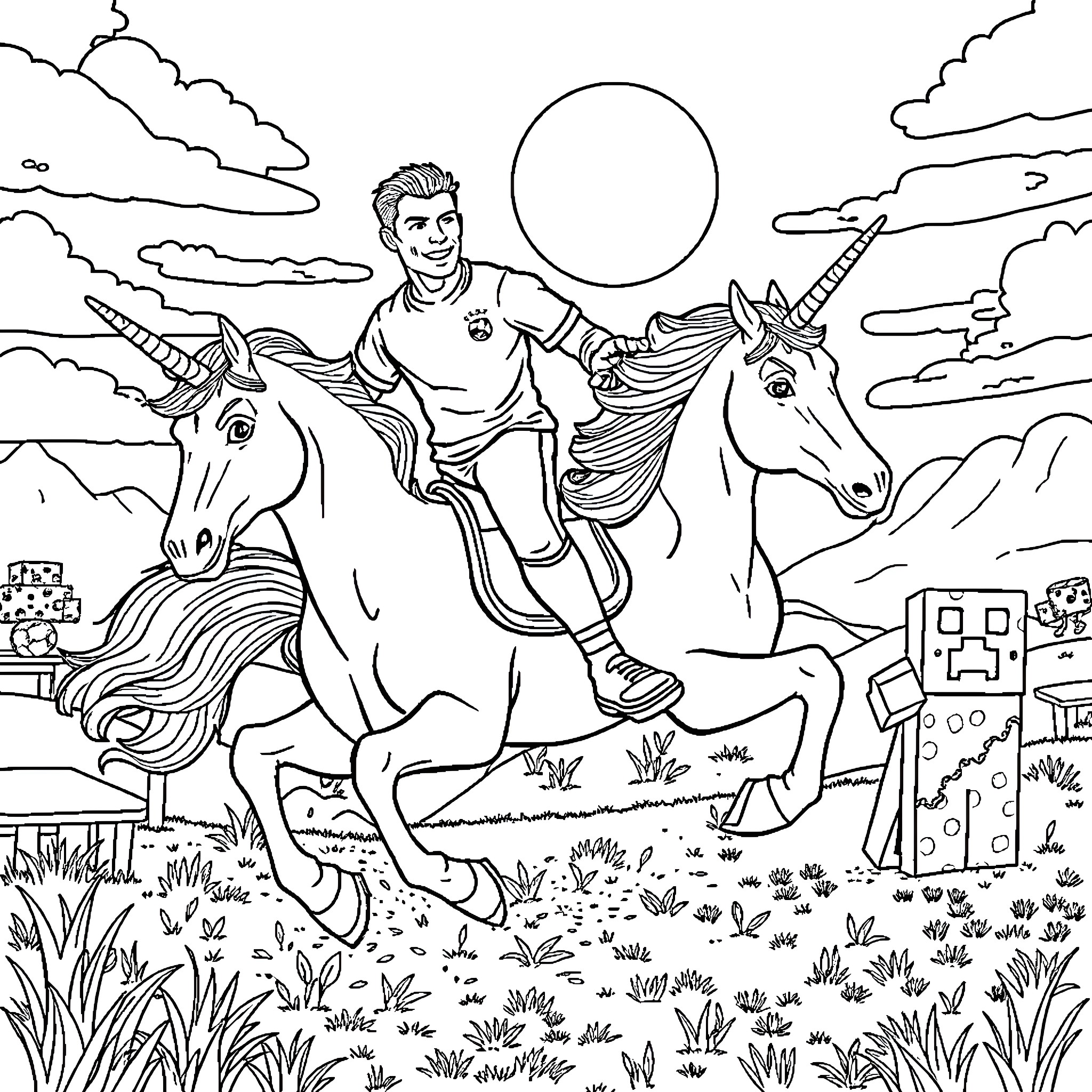 Cristiano Ronaldo riding unicorns in a magical landscape Coloring Page (free black-and-white line drawing printable PDF for all, from beginners to advanced learners, including children, teens, adults, and seniors)