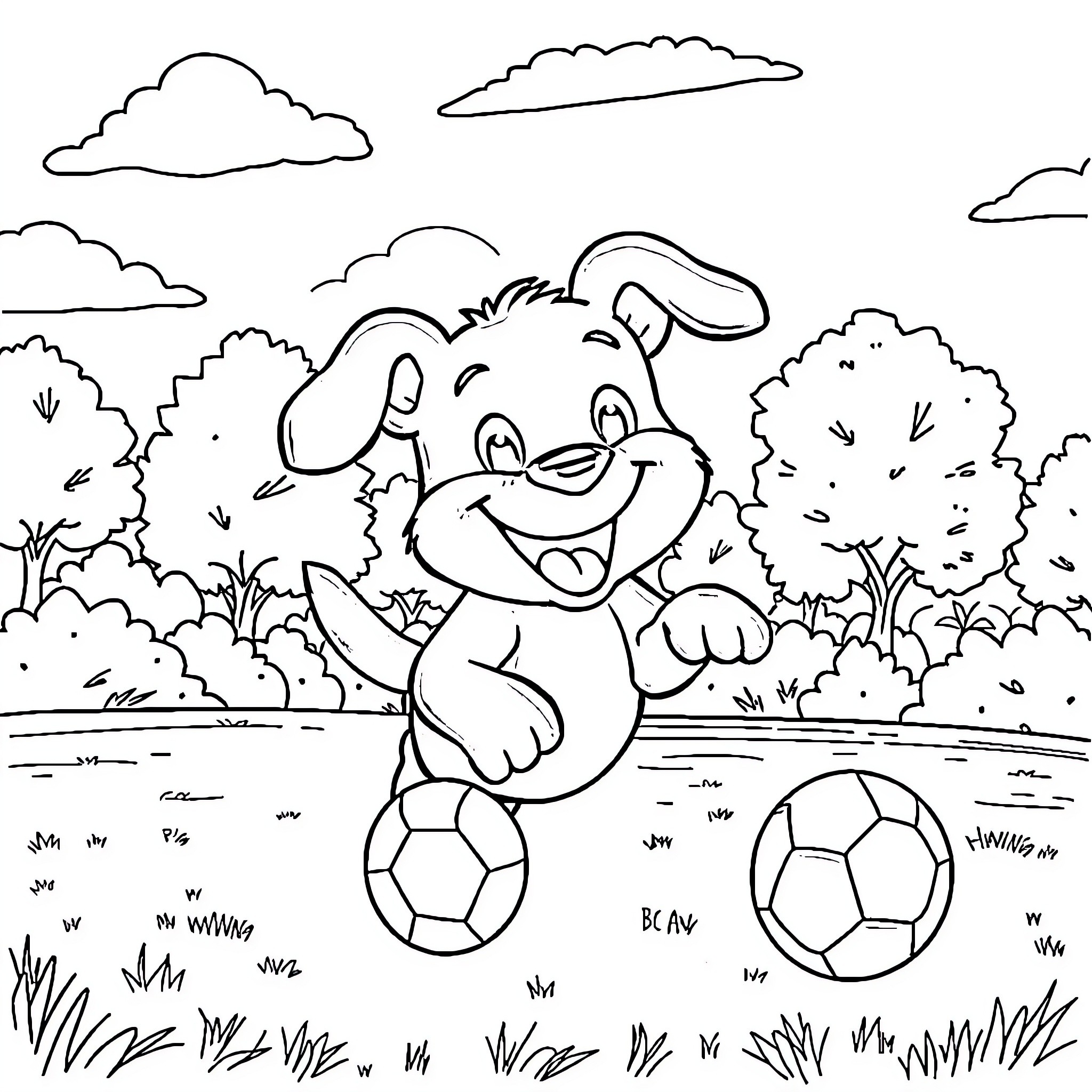 Bluey playing happily with soccer balls in the park Coloring Page (free black-and-white line drawing printable PDF for all, from beginners to advanced learners, including children, teens, adults, and seniors)