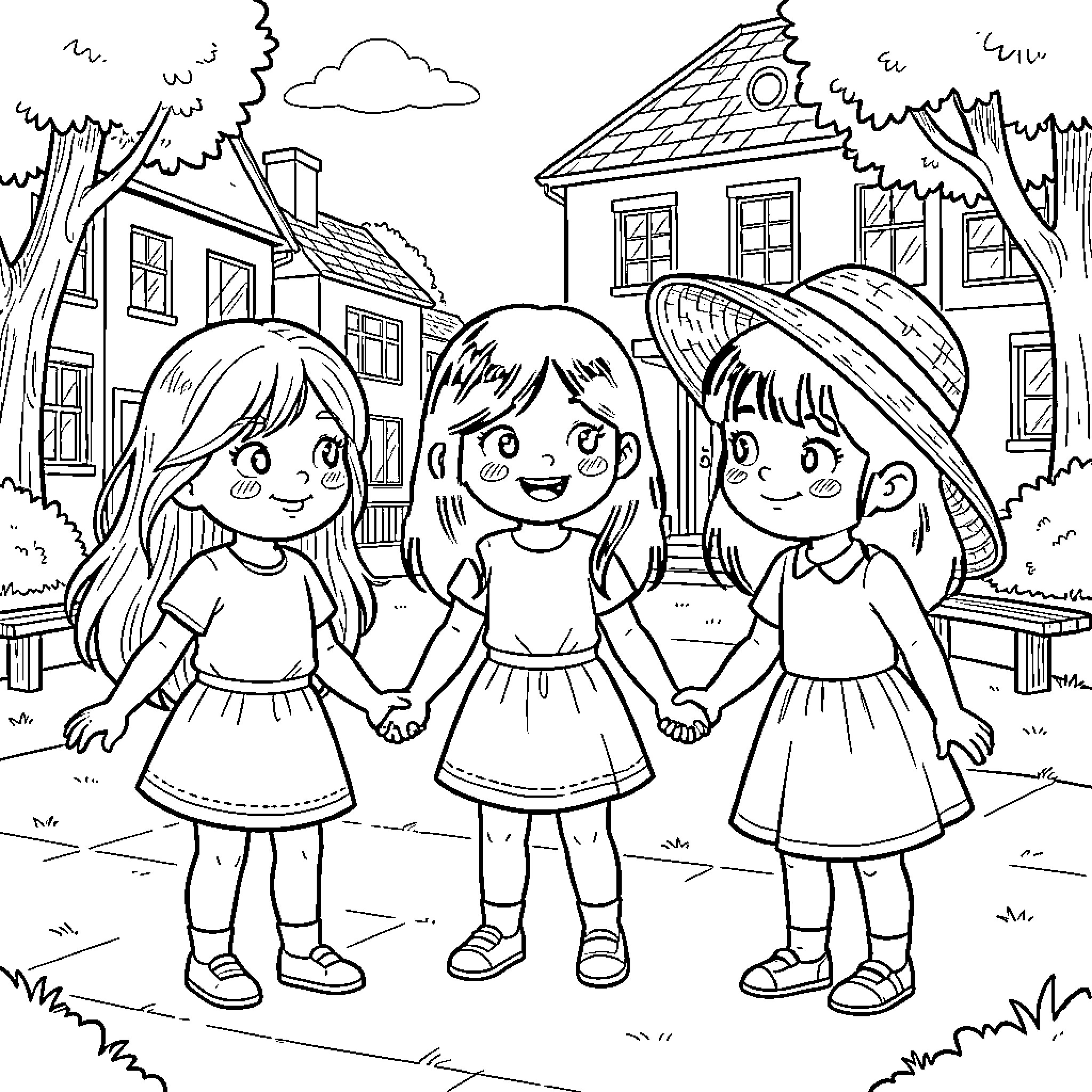 Fille friends holding hands and smiling together Coloring Page (free black-and-white line drawing printable PDF for all, from beginners to advanced learners, including children, teens, adults, and seniors)