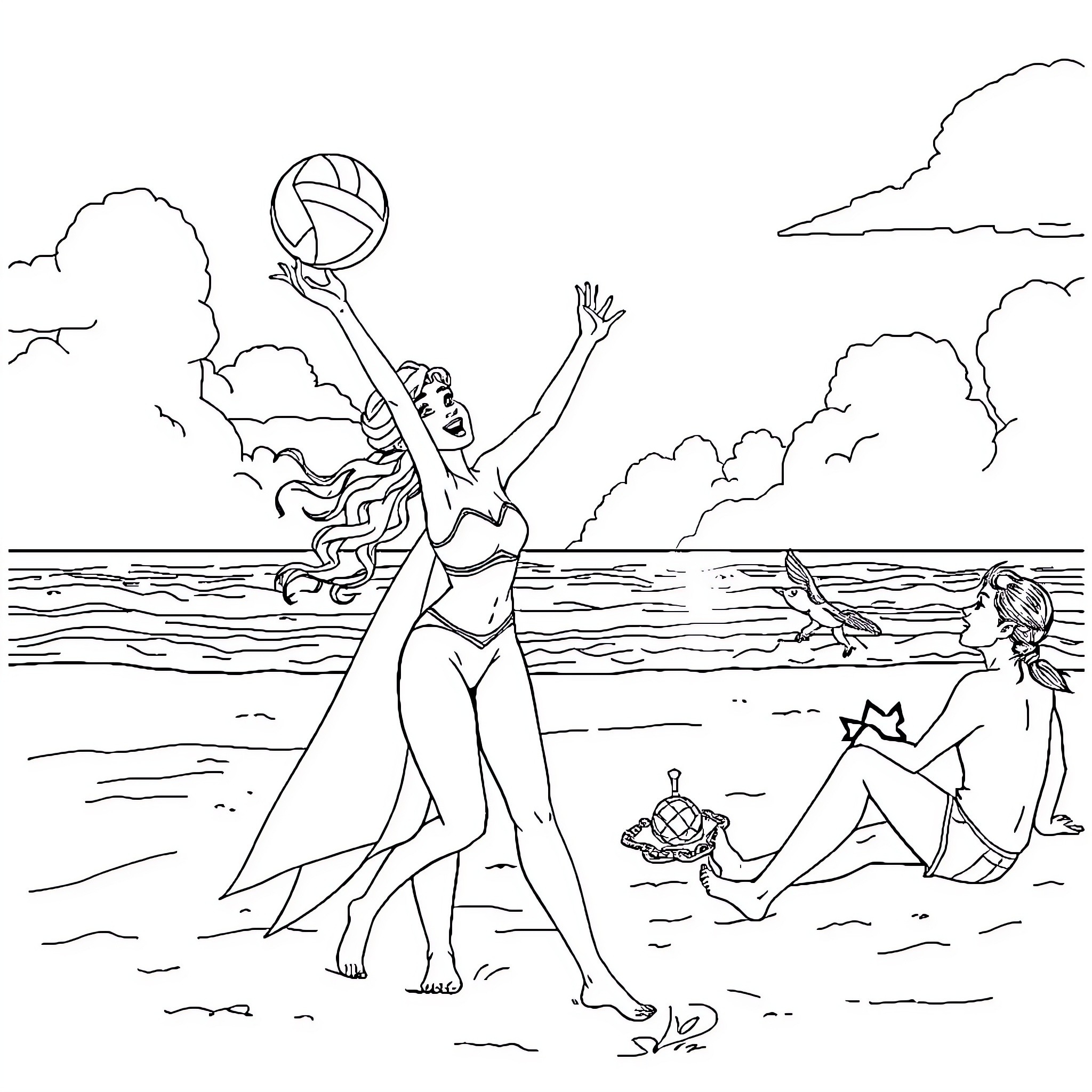 Elsa and friends playing volleyball at the beach Coloring Page (free black-and-white line drawing printable PDF for all, from beginners to advanced learners, including children, teens, adults, and seniors)