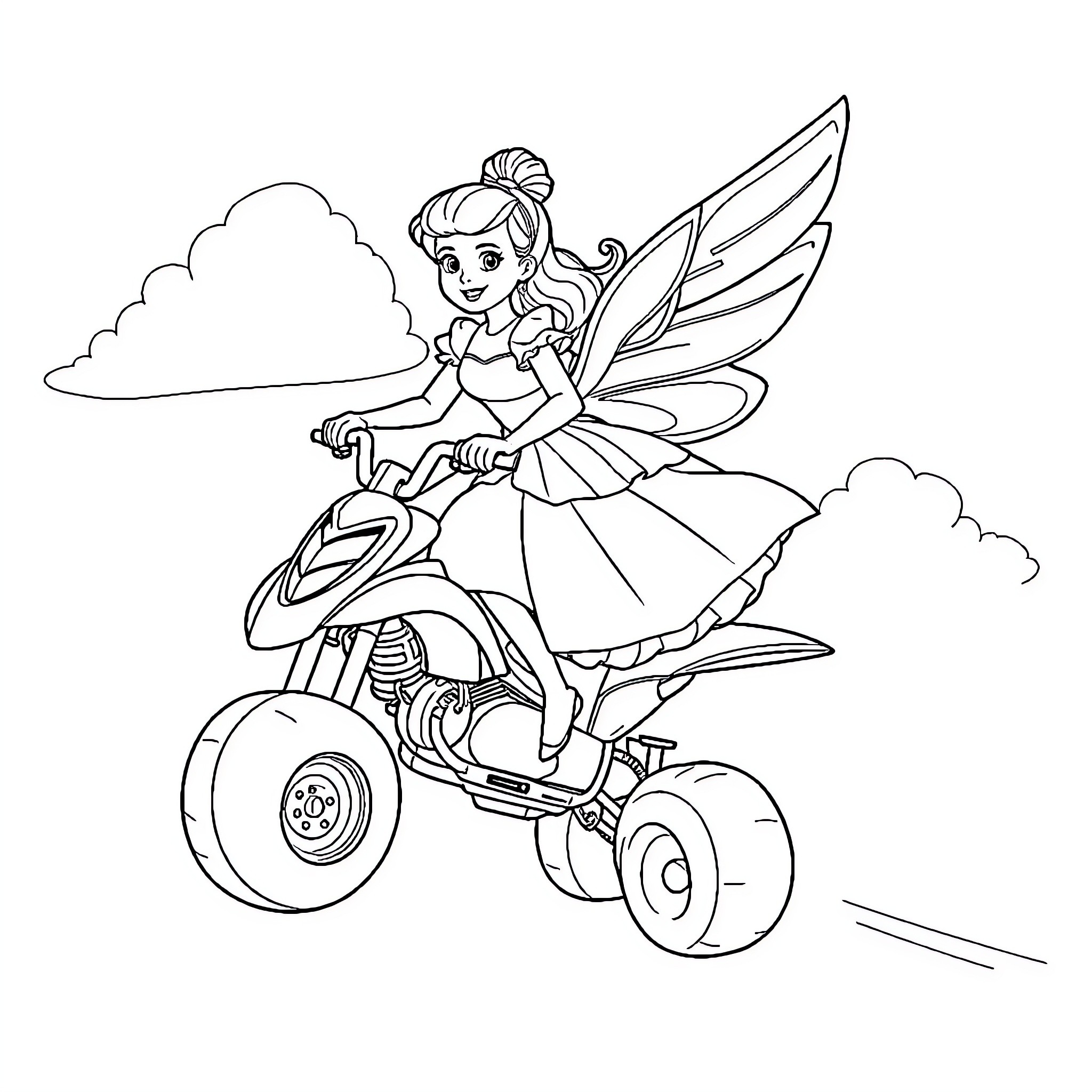Cinderella riding a fairy scooter in the clouds Coloring Page (free black-and-white line drawing printable PDF for all, from beginners to advanced learners, including children, teens, adults, and seniors)