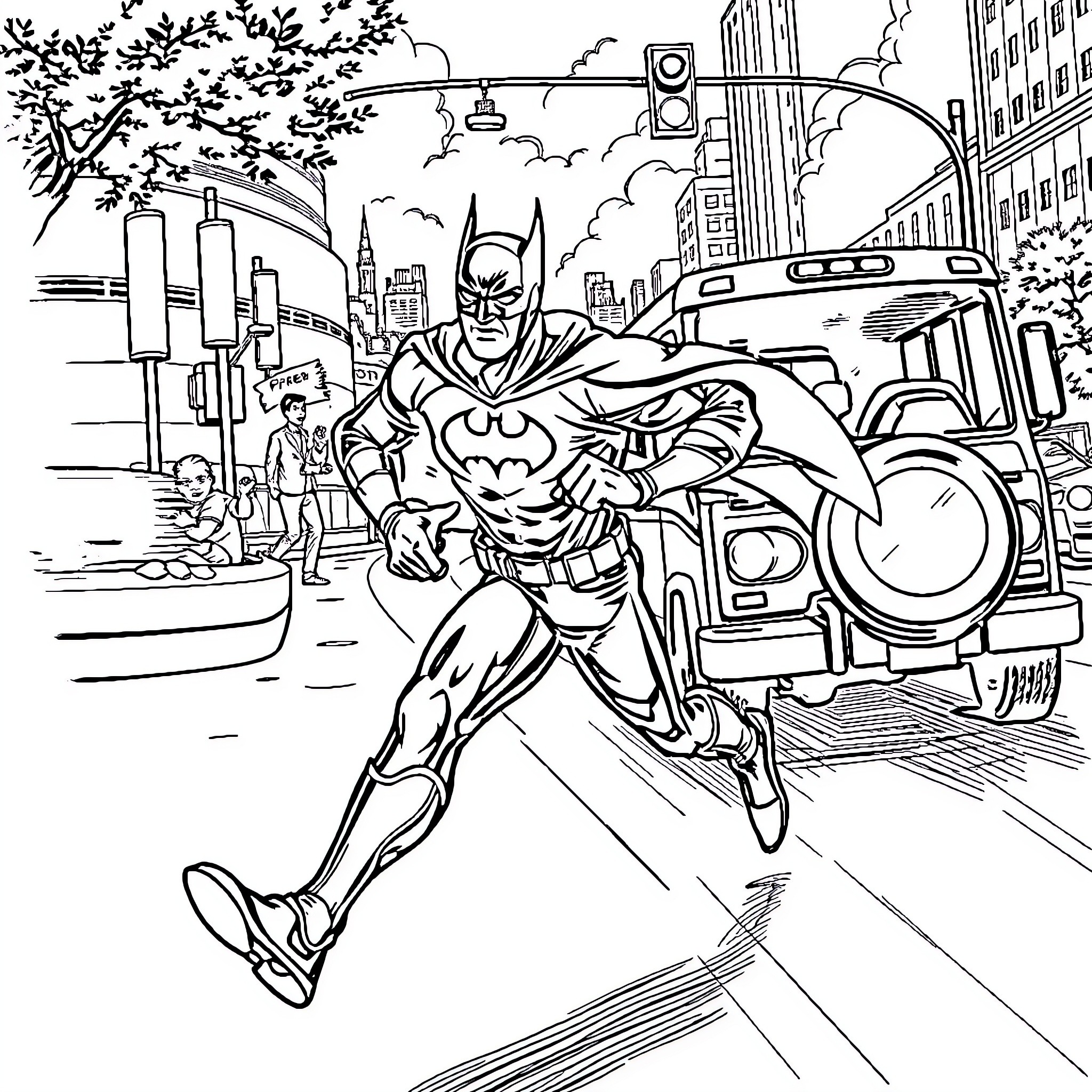 Vehicule superhero racing through the city Coloring Page (free black-and-white line drawing printable PDF for all, from beginners to advanced learners, including children, teens, adults, and seniors)