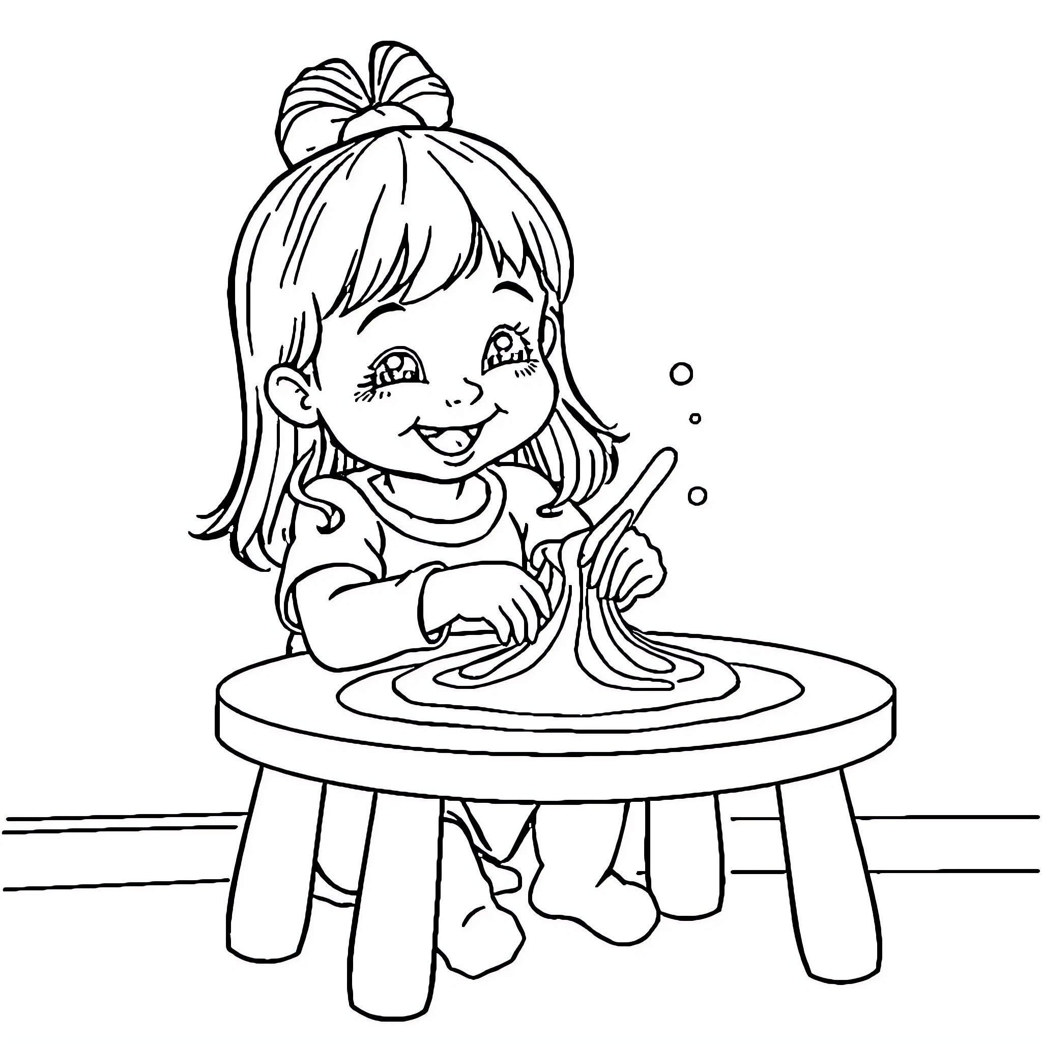 Daughter playing with dough on a small stool Coloring Page (free black-and-white line drawing printable PDF for all, from beginners to advanced learners, including children, teens, adults, and seniors)