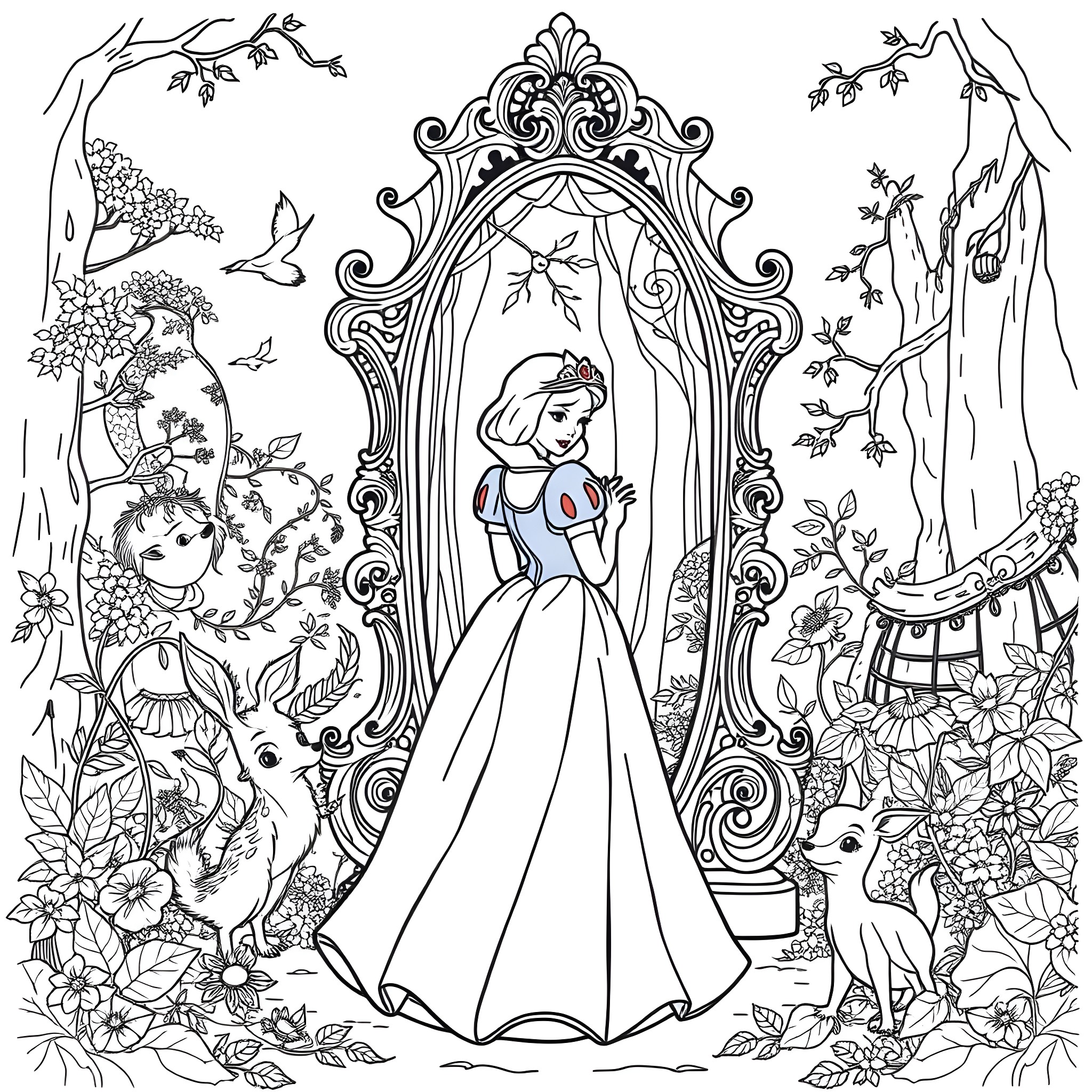 Snow White and the Enchanted Forest Coloring Page (free black-and-white line drawing printable PDF for all, from beginners to advanced learners, including children, teens, adults, and seniors)