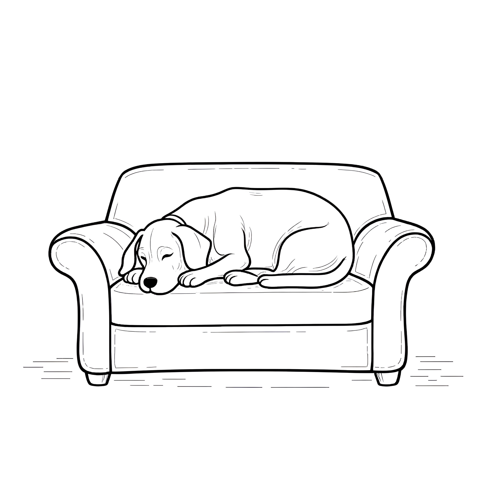 Beagle resting peacefully on a couch Coloring Page (free black-and-white line drawing printable PDF for all, from beginners to advanced learners, including children, teens, adults, and seniors)