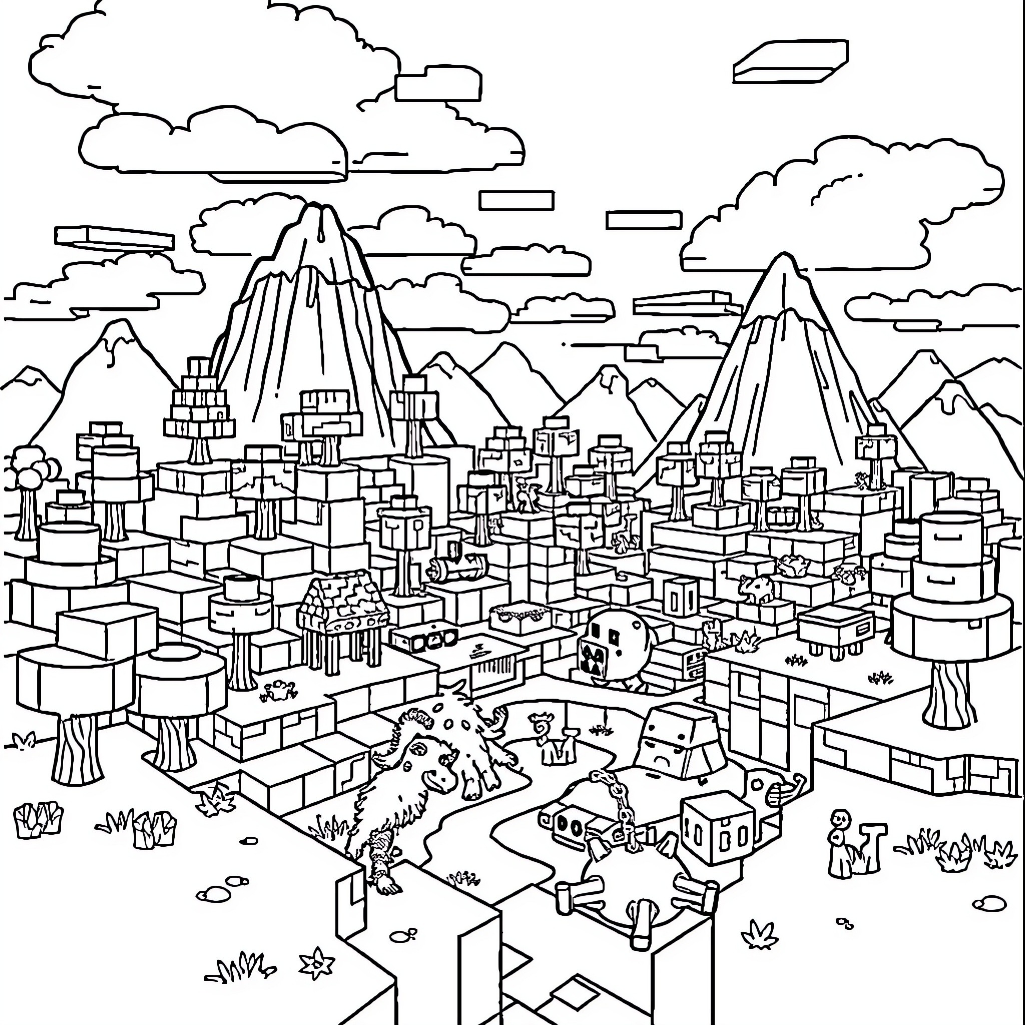 Minecraft Landscape with Mountainous Terrain and Cityscape Coloring Page (free black-and-white line drawing printable PDF for all, from beginners to advanced learners, including children, teens, adults, and seniors)