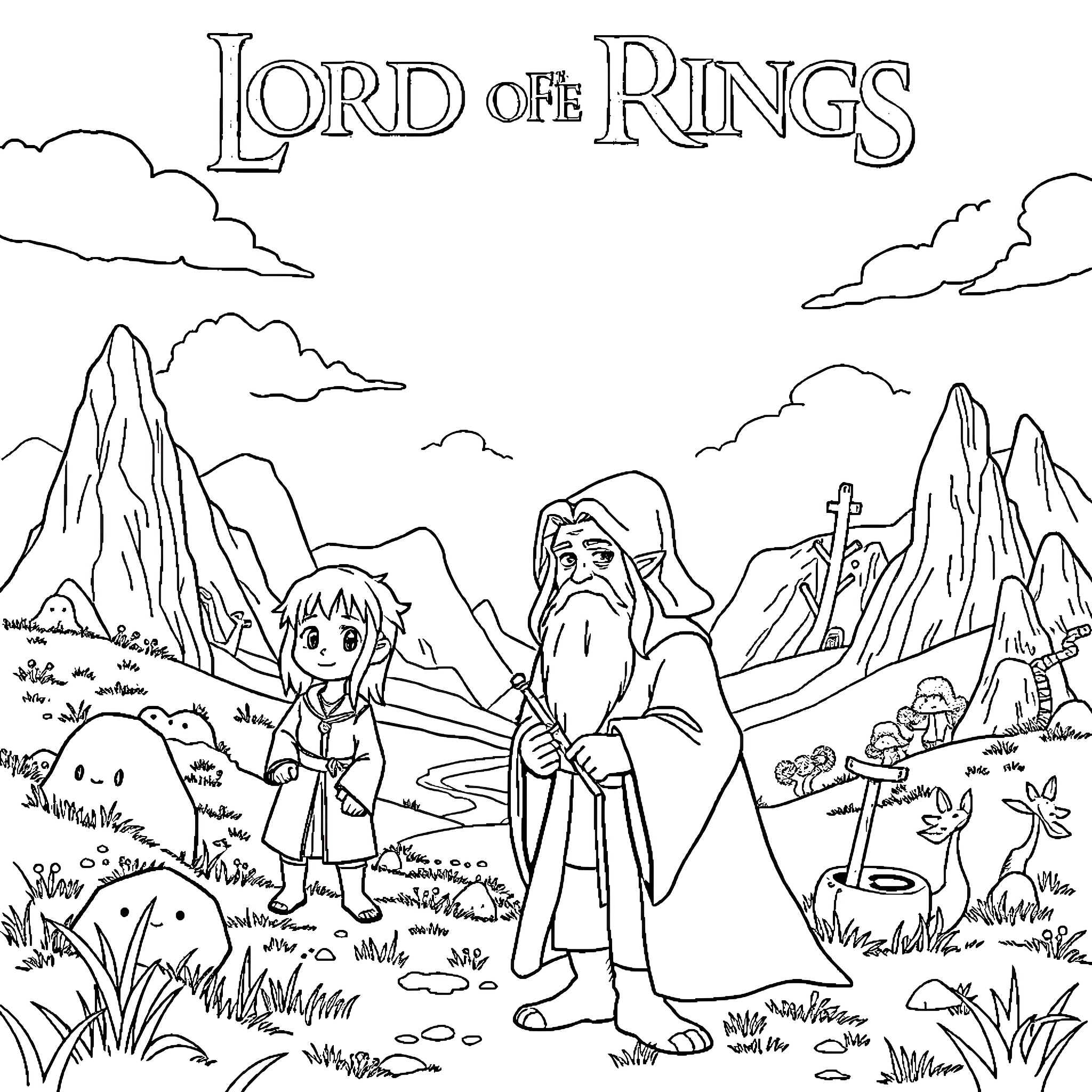 Lord of the Rings: Characters in a Fantastical Landscape Coloring Page (free black-and-white line drawing printable PDF for all, from beginners to advanced learners, including children, teens, adults, and seniors)