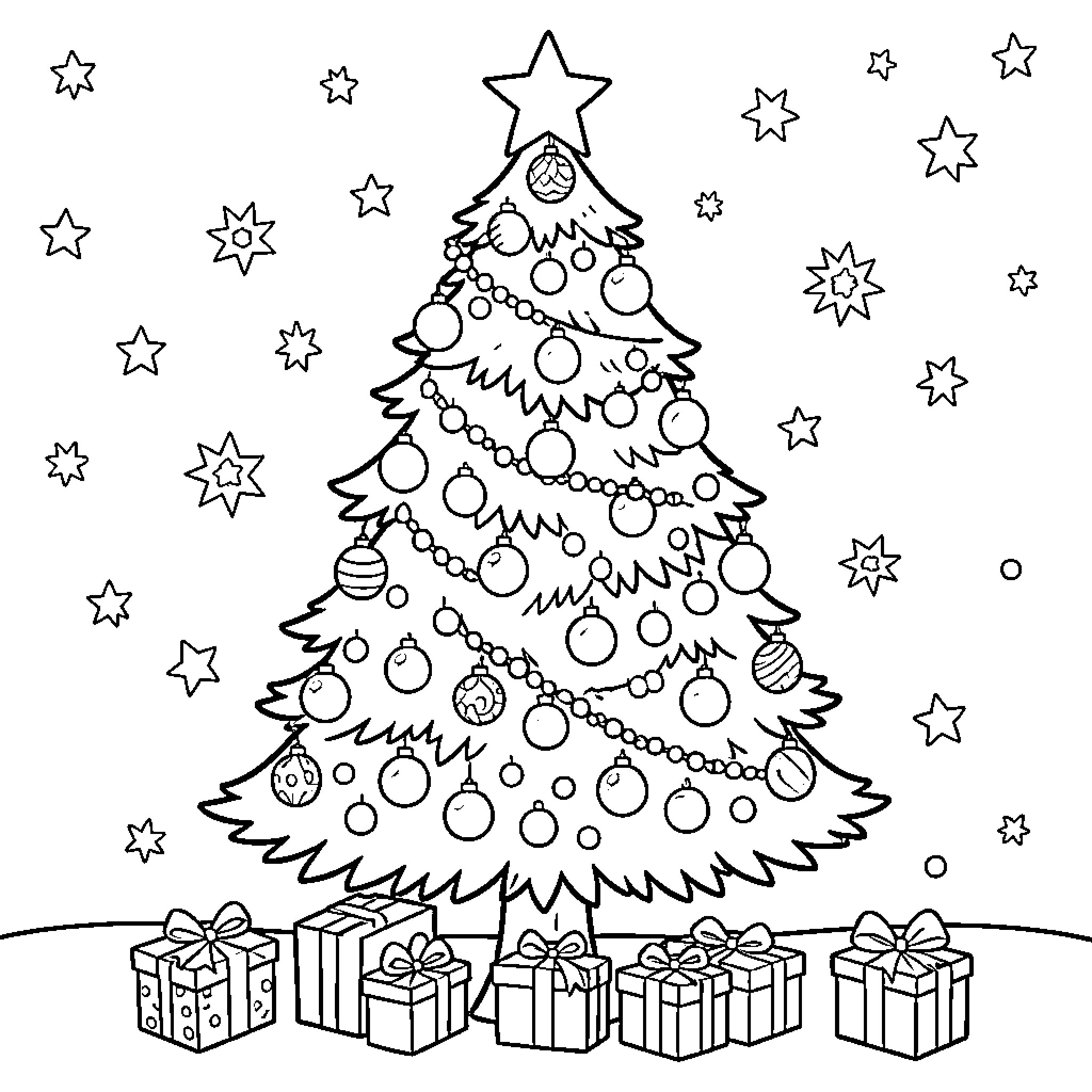 Christmas Tree decorated with ornaments and presents Coloring Page (free black-and-white line drawing printable PDF for all, from beginners to advanced learners, including children, teens, adults, and seniors)