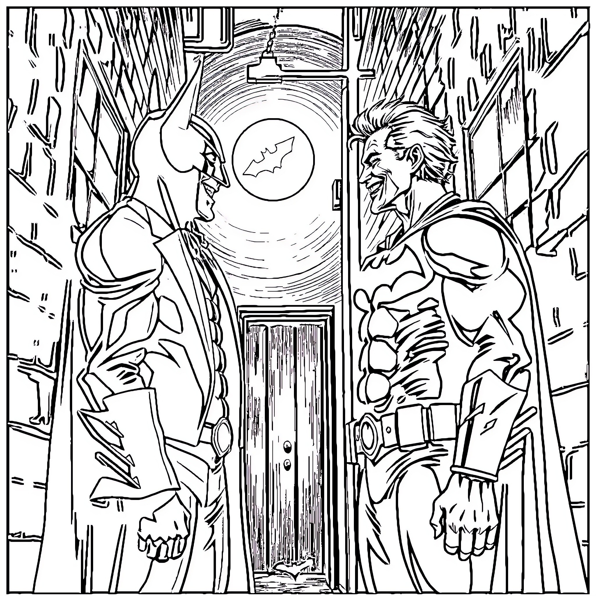 Joker and Batman Confrontation in Gritty City Coloring Page (free black-and-white line drawing printable PDF for all, from beginners to advanced learners, including children, teens, adults, and seniors)