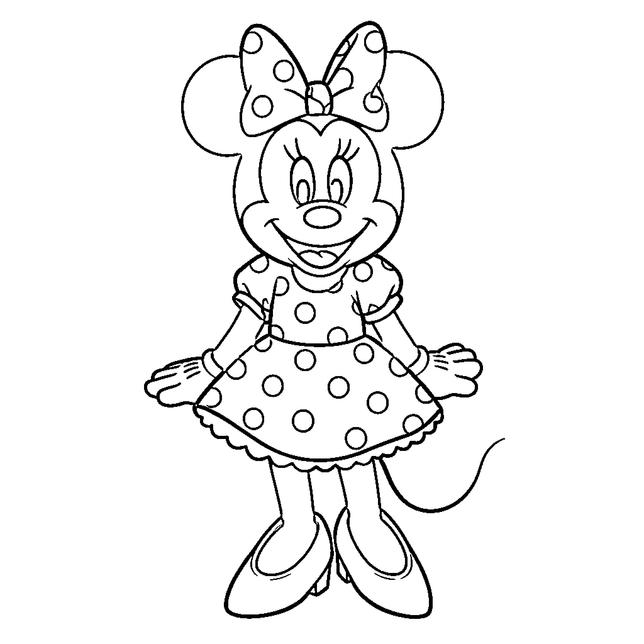 Minnie Mouse in a polka dot dress Coloring Page (free black-and-white line drawing printable PDF for all, from beginners to advanced learners, including children, teens, adults, and seniors)
