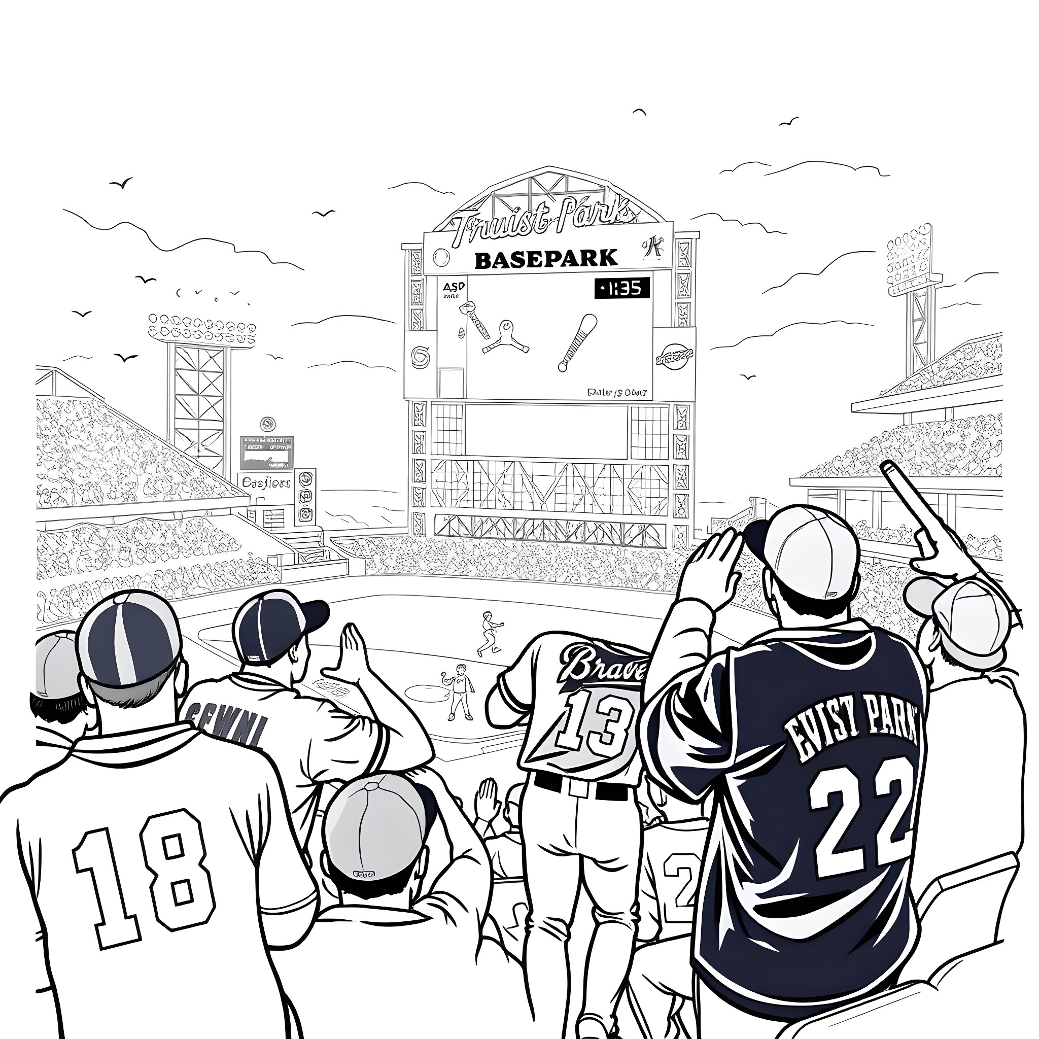 Baseball players in an action-packed stadium scene Coloring Page (free black-and-white line drawing printable PDF for all, from beginners to advanced learners, including children, teens, adults, and seniors)