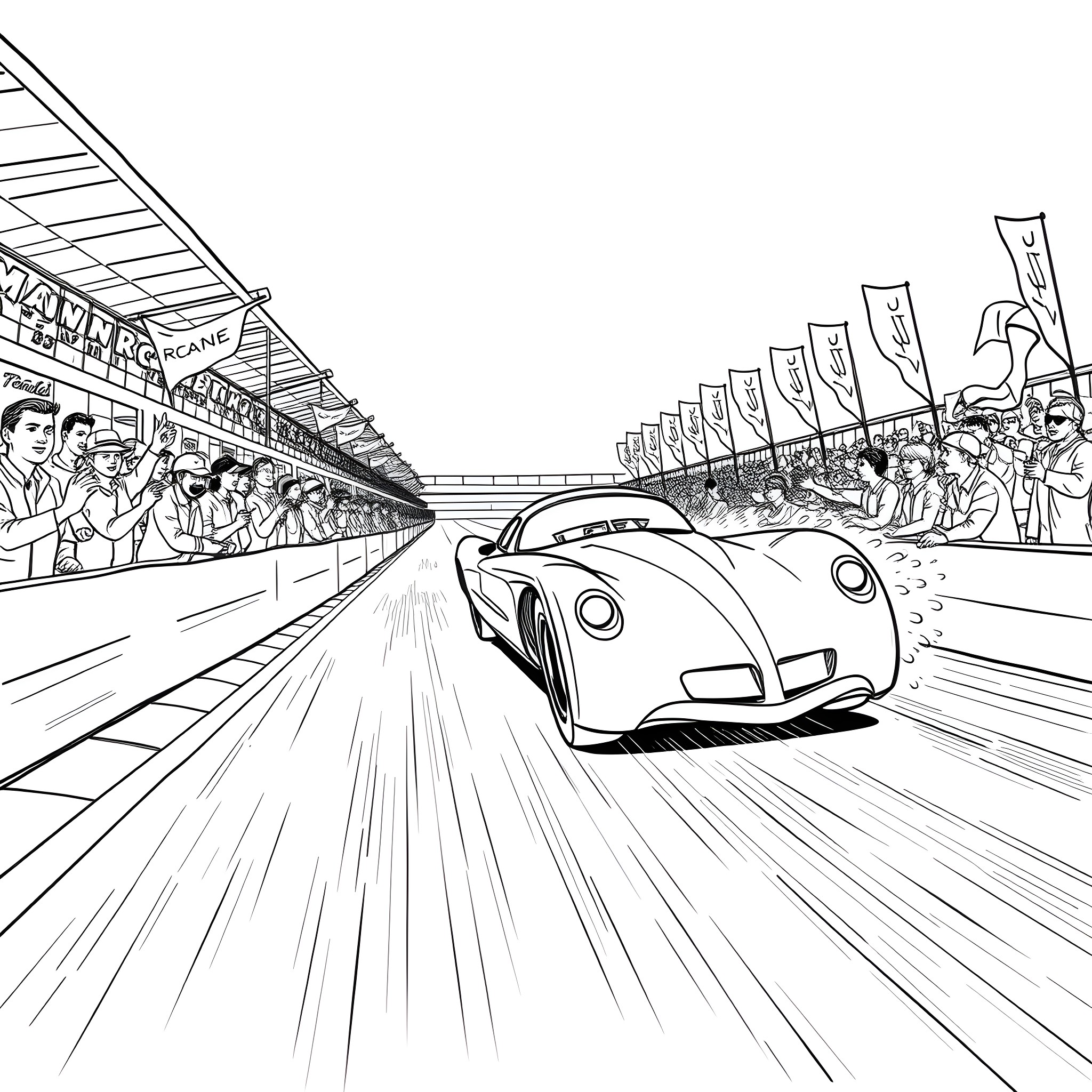 Derby Car Racing on the Track with Cheering Crowd Coloring Page (free black-and-white line drawing printable PDF for all, from beginners to advanced learners, including children, teens, adults, and seniors)