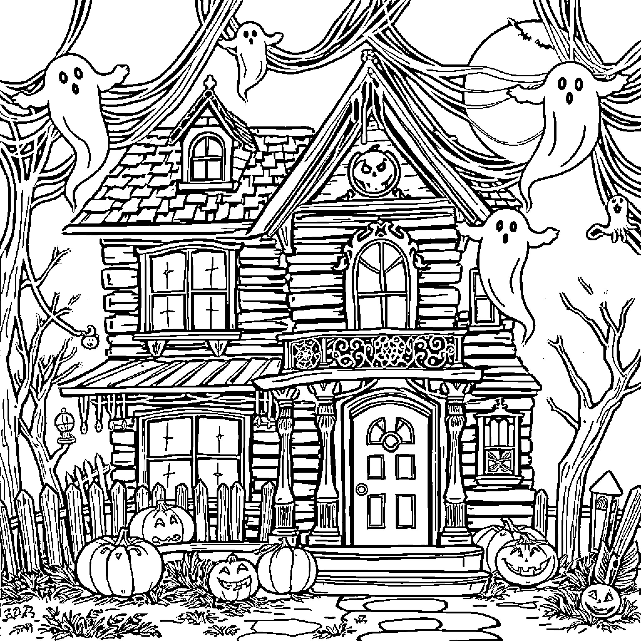 Haunted House with Ghostly Residents and Spooky Surroundings Coloring Page (free black-and-white line drawing printable PDF for all, from beginners to advanced learners, including children, teens, adults, and seniors)