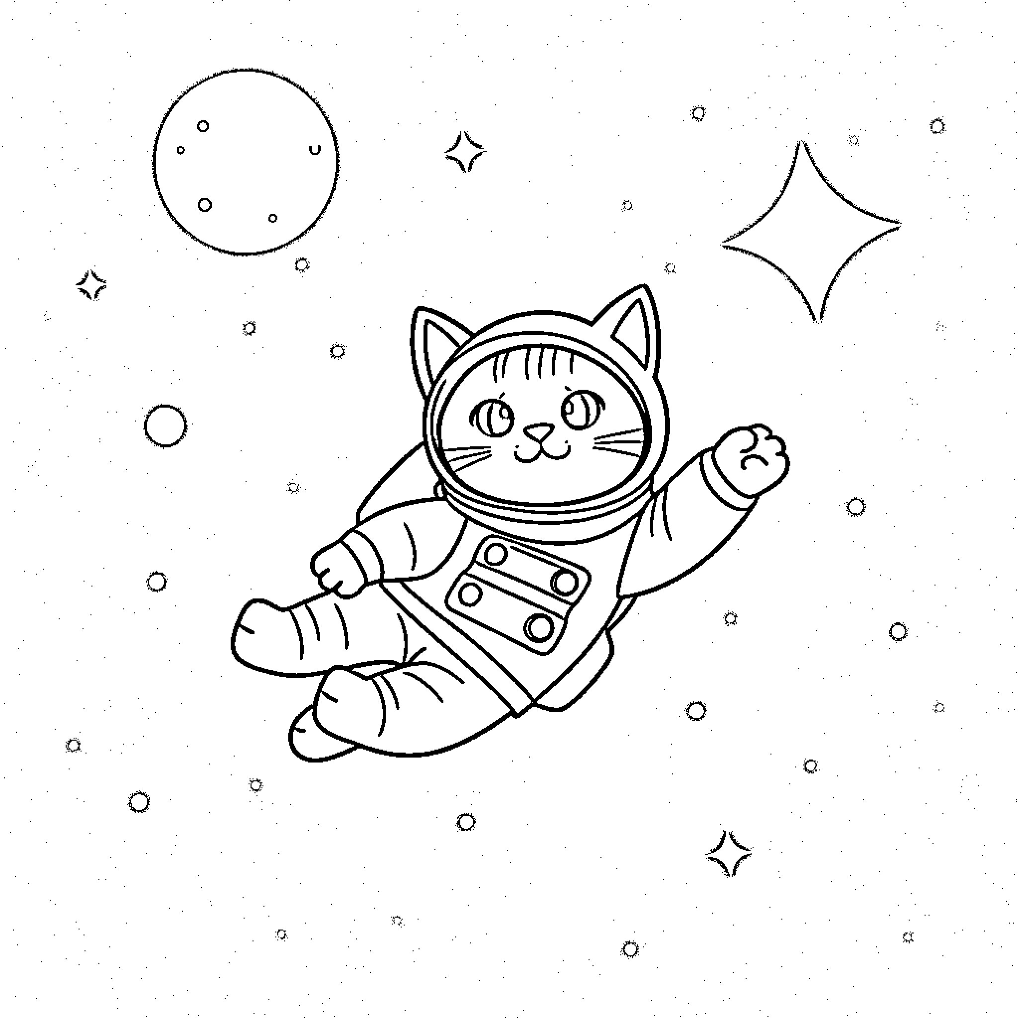 Cat astronaut exploring the galaxy Coloring Page (free black-and-white line drawing printable PDF for all, from beginners to advanced learners, including children, teens, adults, and seniors)