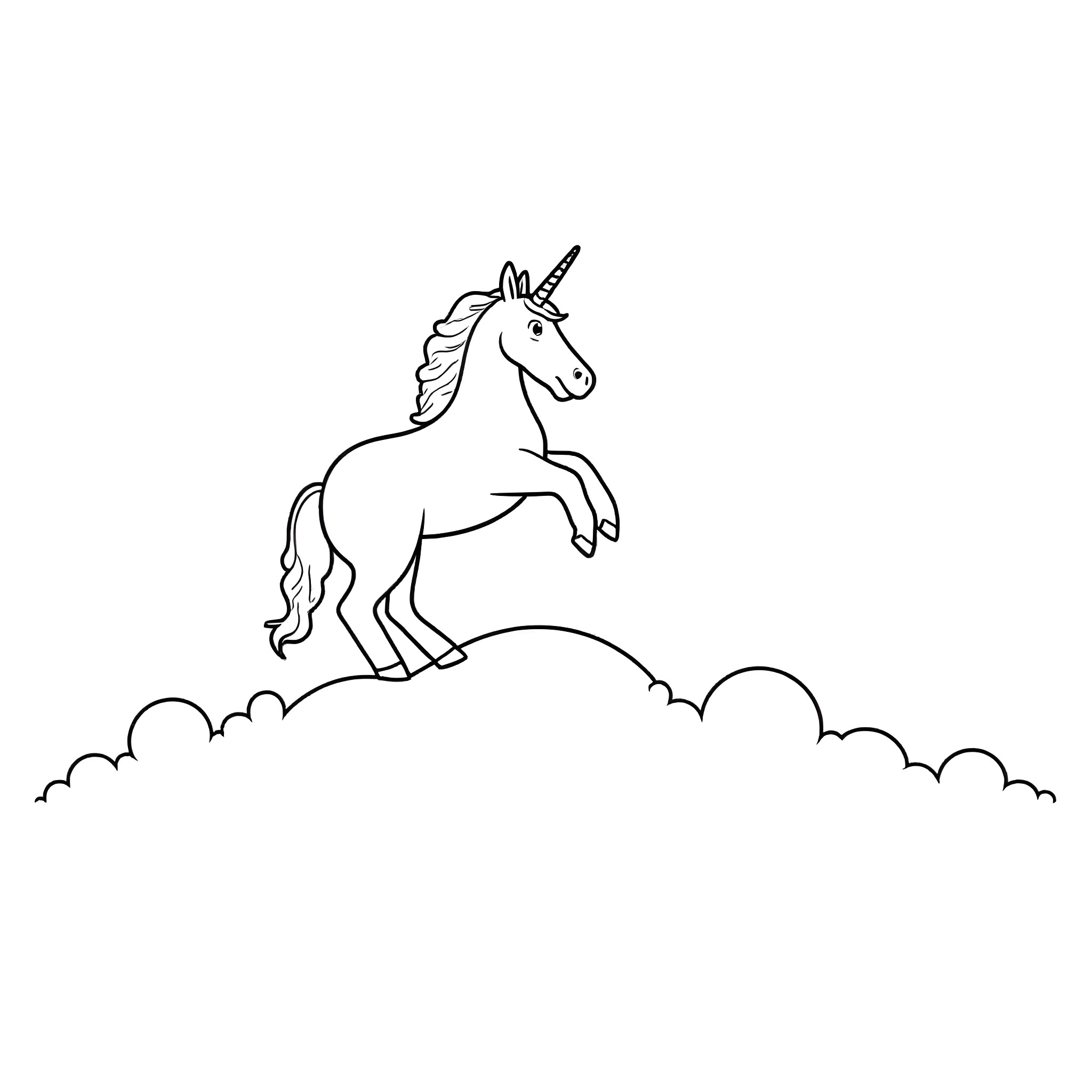 Unicorn standing proudly on cloud Coloring Page (free black-and-white line drawing printable PDF for all, from beginners to advanced learners, including children, teens, adults, and seniors)
