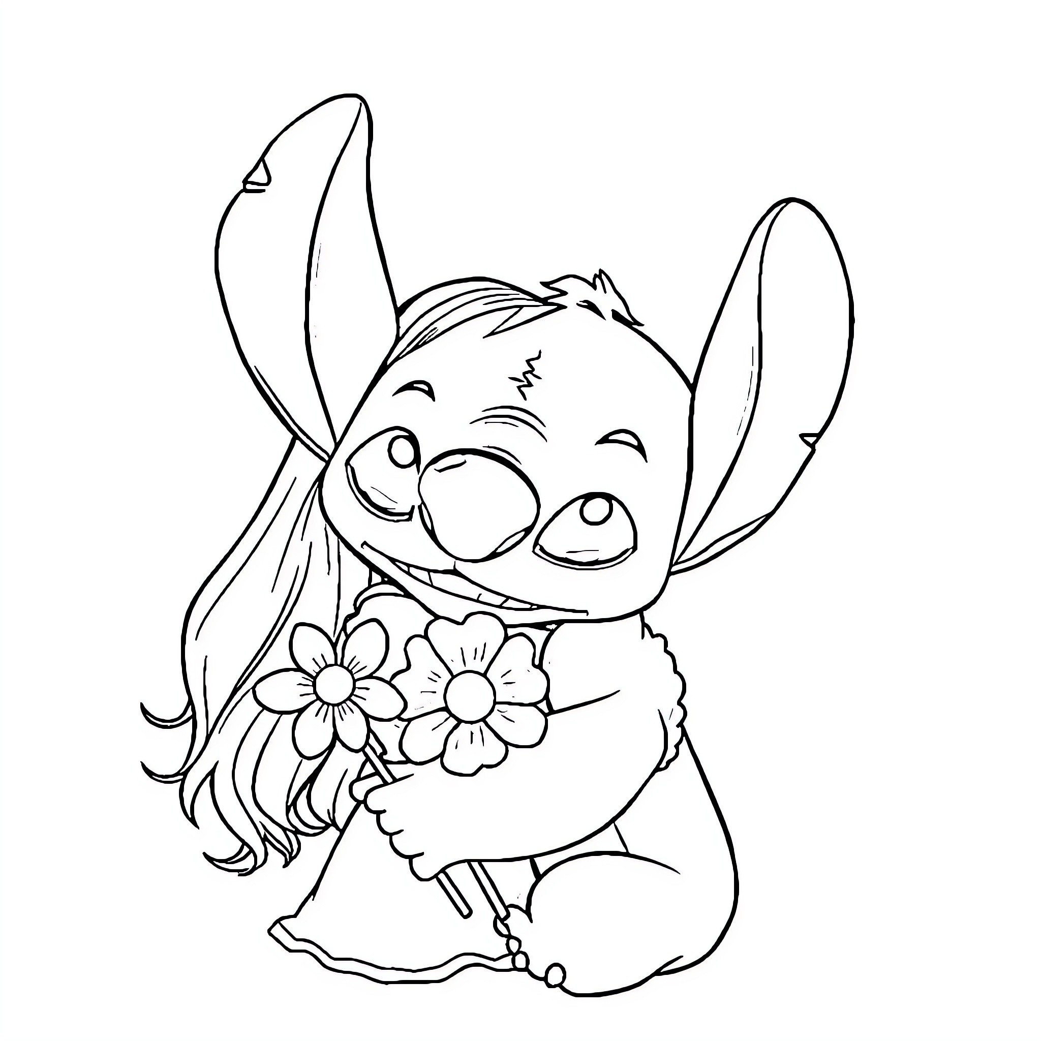 Stitch enjoying flowers and cheerful expressions Coloring Page (free black-and-white line drawing printable PDF for all, from beginners to advanced learners, including children, teens, adults, and seniors)