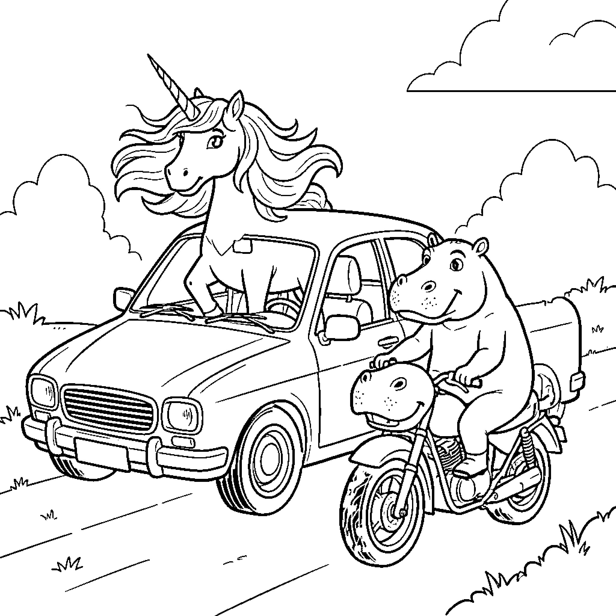 Unicorn driving a car alongside a hippo on a motorcycle Coloring Page (free black-and-white line drawing printable PDF for all, from beginners to advanced learners, including children, teens, adults, and seniors)