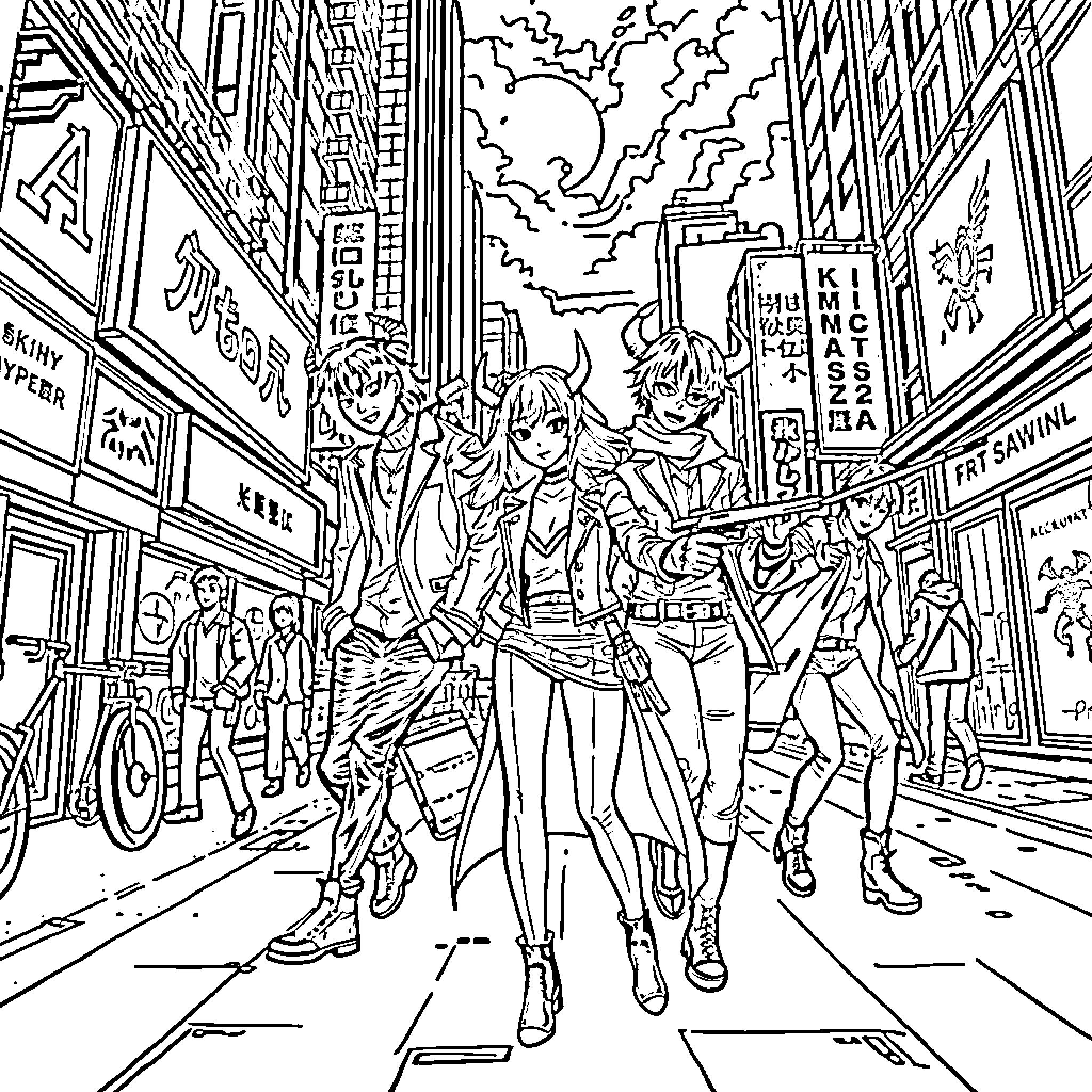 Demon Hunters Investigate Mysterious Urban Sighting Coloring Page (free black-and-white line drawing printable PDF for all, from beginners to advanced learners, including children, teens, adults, and seniors)