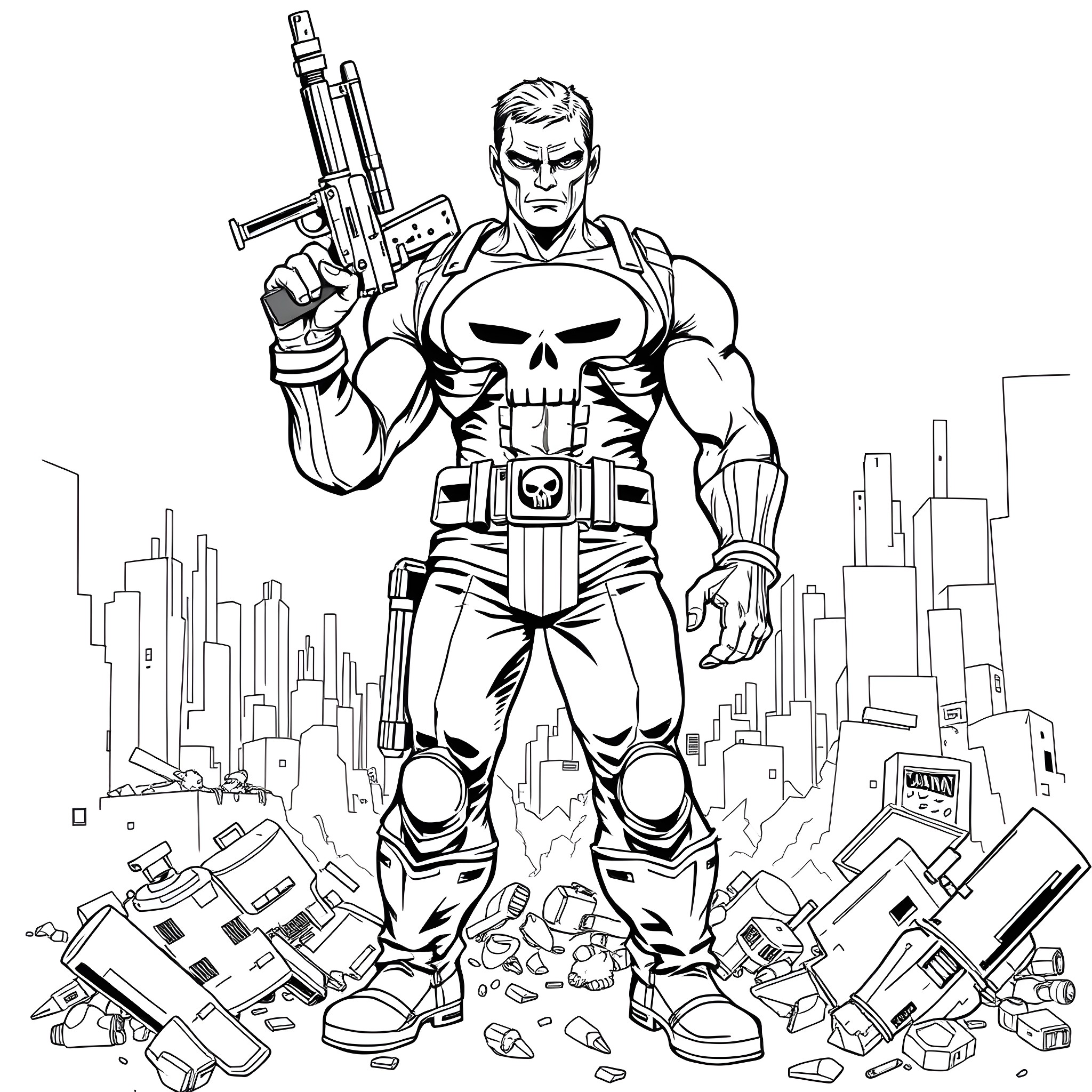 Punisher dealing justice in the city Coloring Page (free black-and-white line drawing printable PDF for all, from beginners to advanced learners, including children, teens, adults, and seniors)