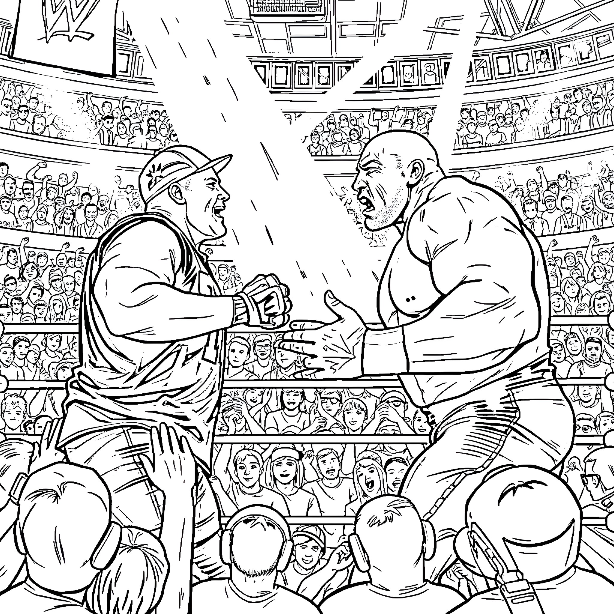 John Cena in an intense wrestling match with a muscular opponent Coloring Page (free black-and-white line drawing printable PDF for all, from beginners to advanced learners, including children, teens, adults, and seniors)