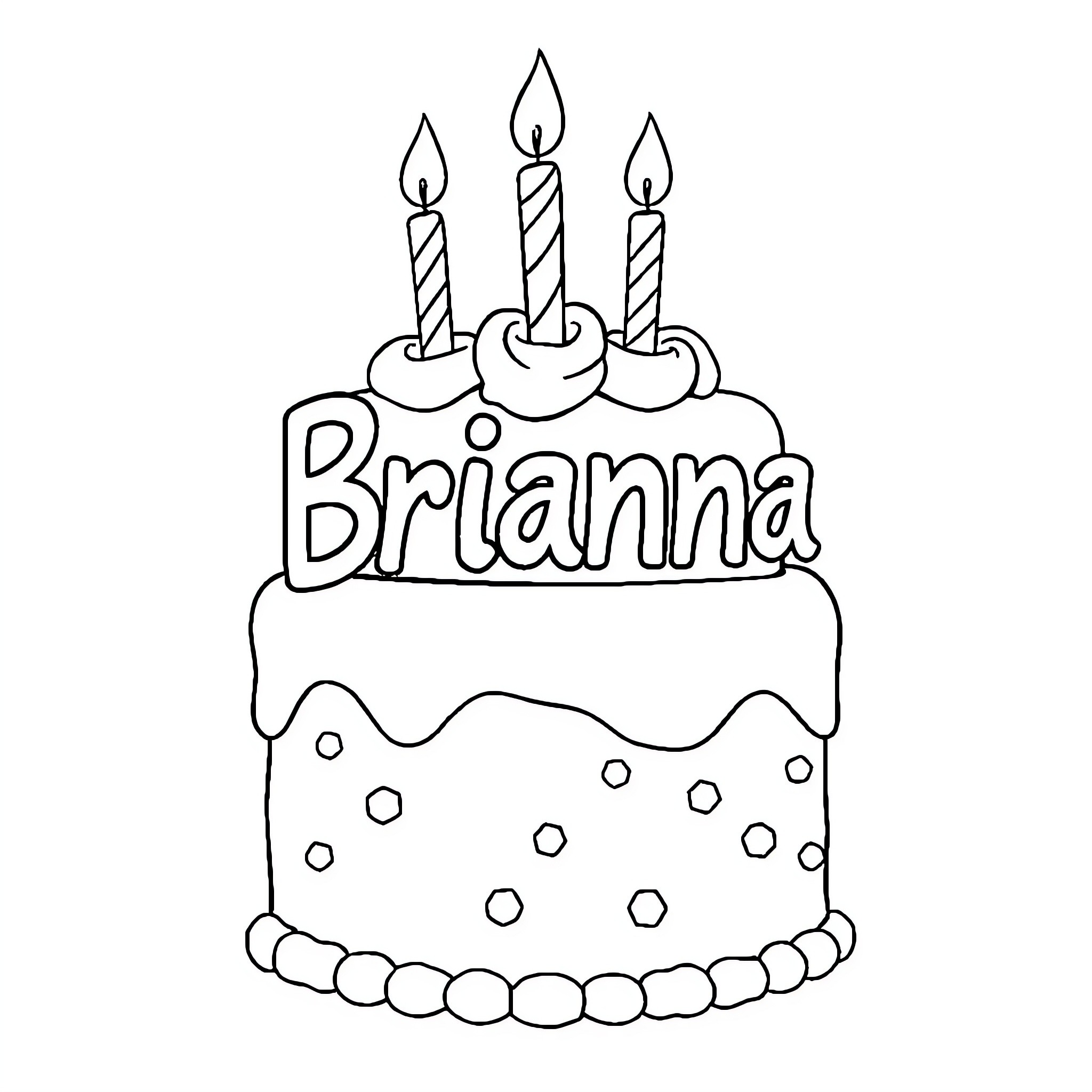Birthday Cake with Candles for Brianna Coloring Page (free black-and-white line drawing printable PDF for all, from beginners to advanced learners, including children, teens, adults, and seniors)