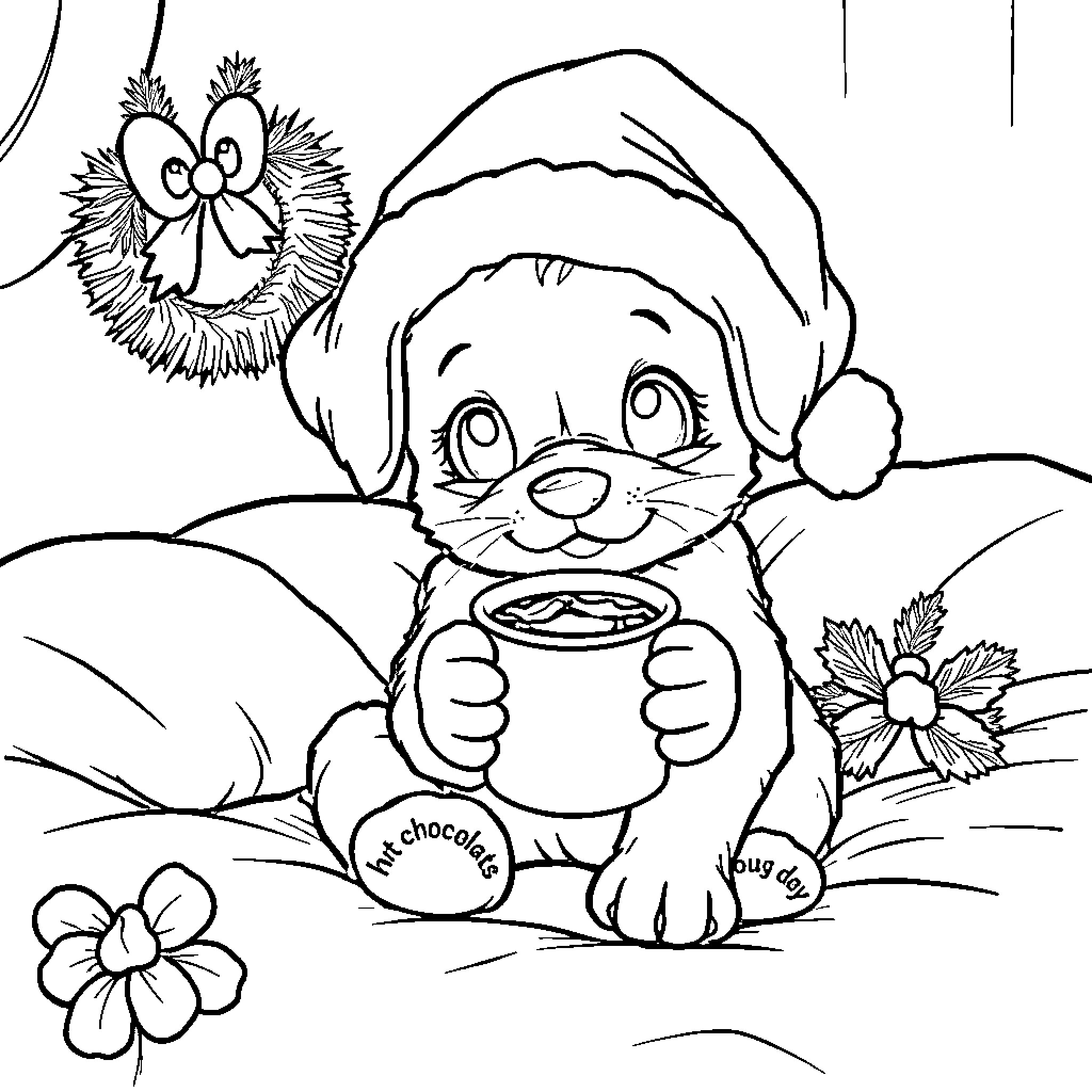 Puppy enjoying a cozy winter day Coloring Page (free black-and-white line drawing printable PDF for all, from beginners to advanced learners, including children, teens, adults, and seniors)