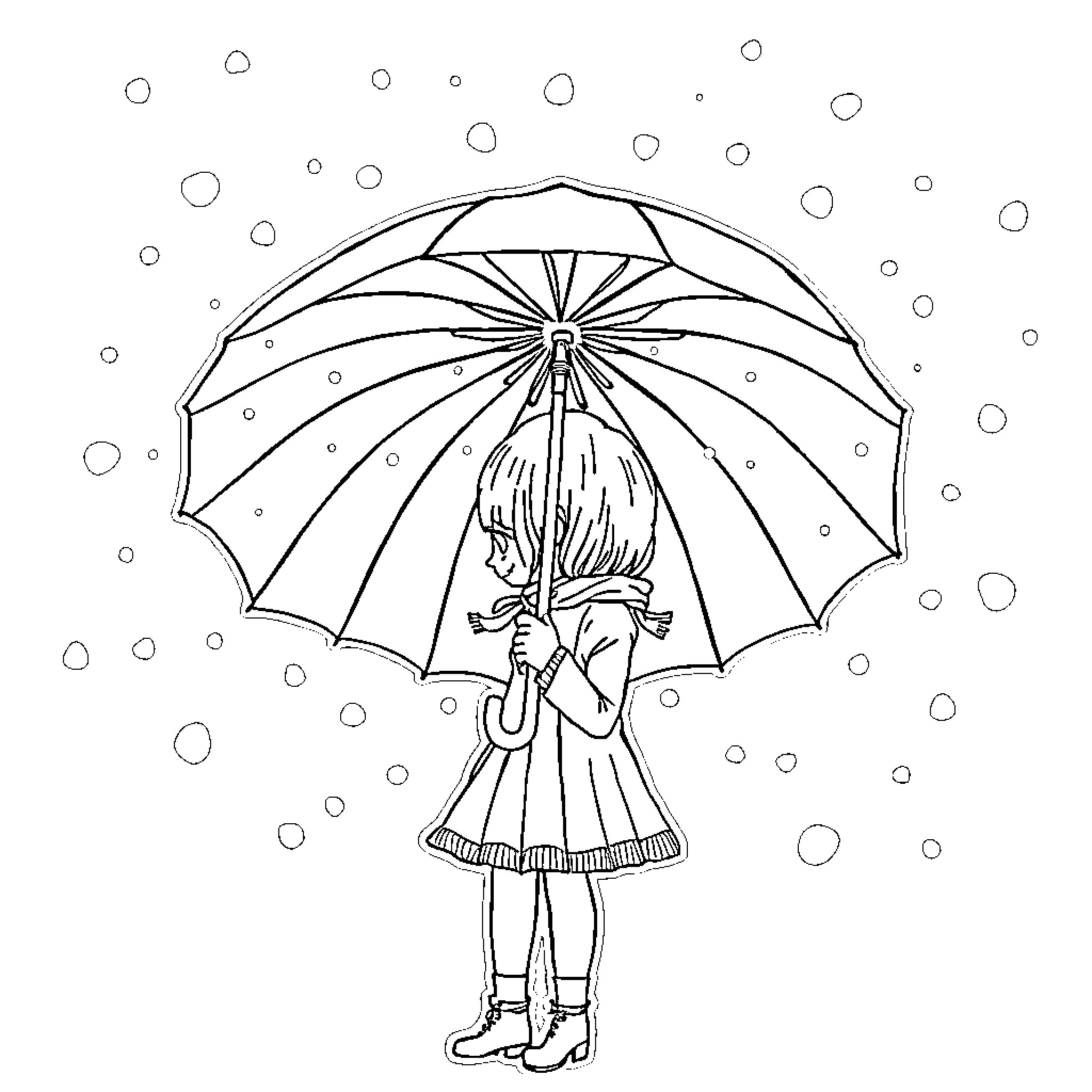 Girl standing under umbrella in the rain Coloring Page (free black-and-white line drawing printable PDF for all, from beginners to advanced learners, including children, teens, adults, and seniors)