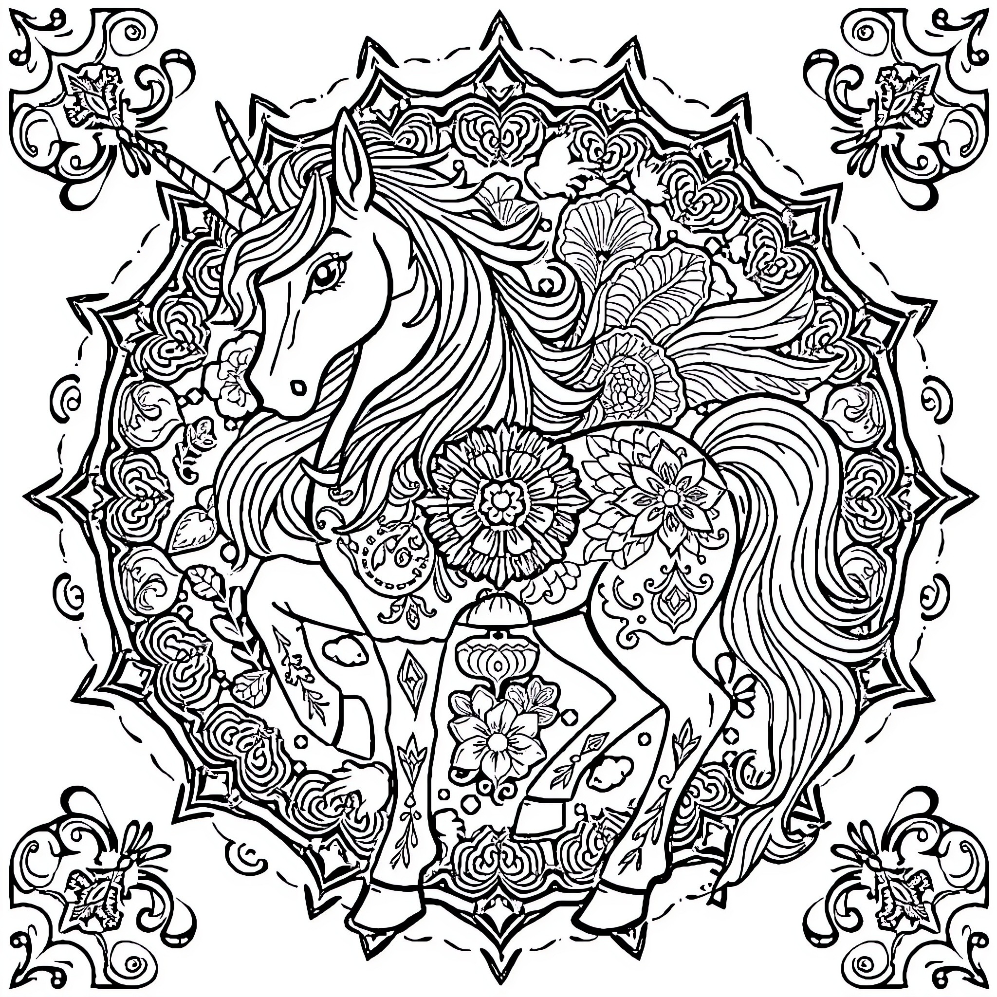 Unicorn Prancing Amidst Floral Mandala Coloring Page (free black-and-white line drawing printable PDF for all, from beginners to advanced learners, including children, teens, adults, and seniors)