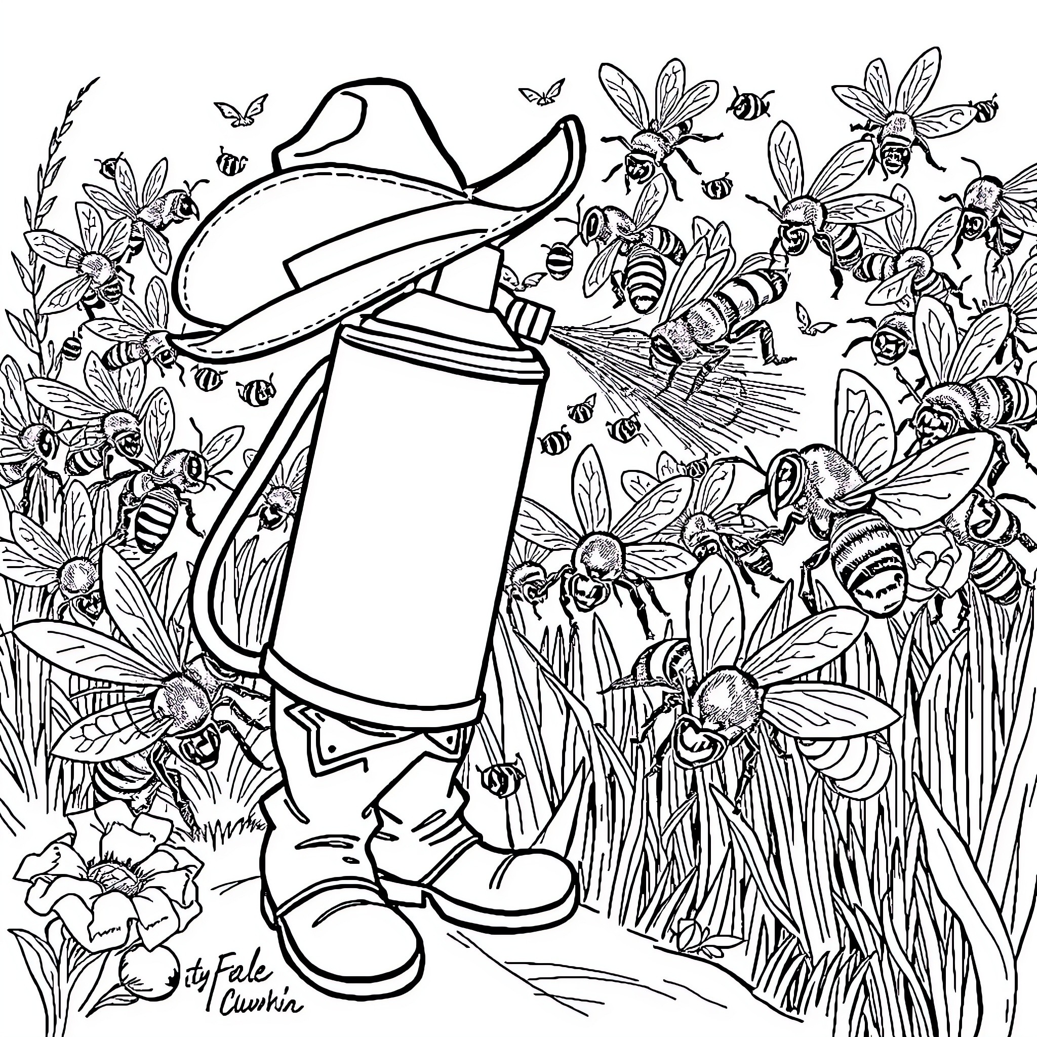 Bug Spray Protecting Nature's Wonders Coloring Page (free black-and-white line drawing printable PDF for all, from beginners to advanced learners, including children, teens, adults, and seniors)