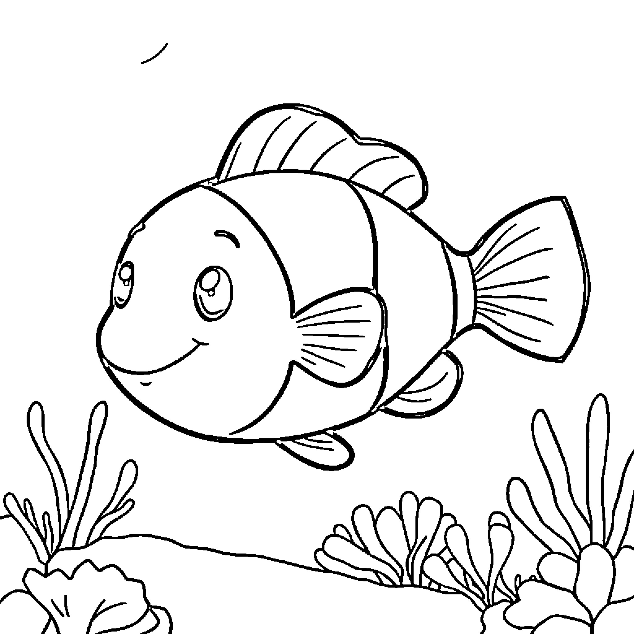 Clownfish exploring the underwater coral reef Coloring Page (free black-and-white line drawing printable PDF for all, from beginners to advanced learners, including children, teens, adults, and seniors)