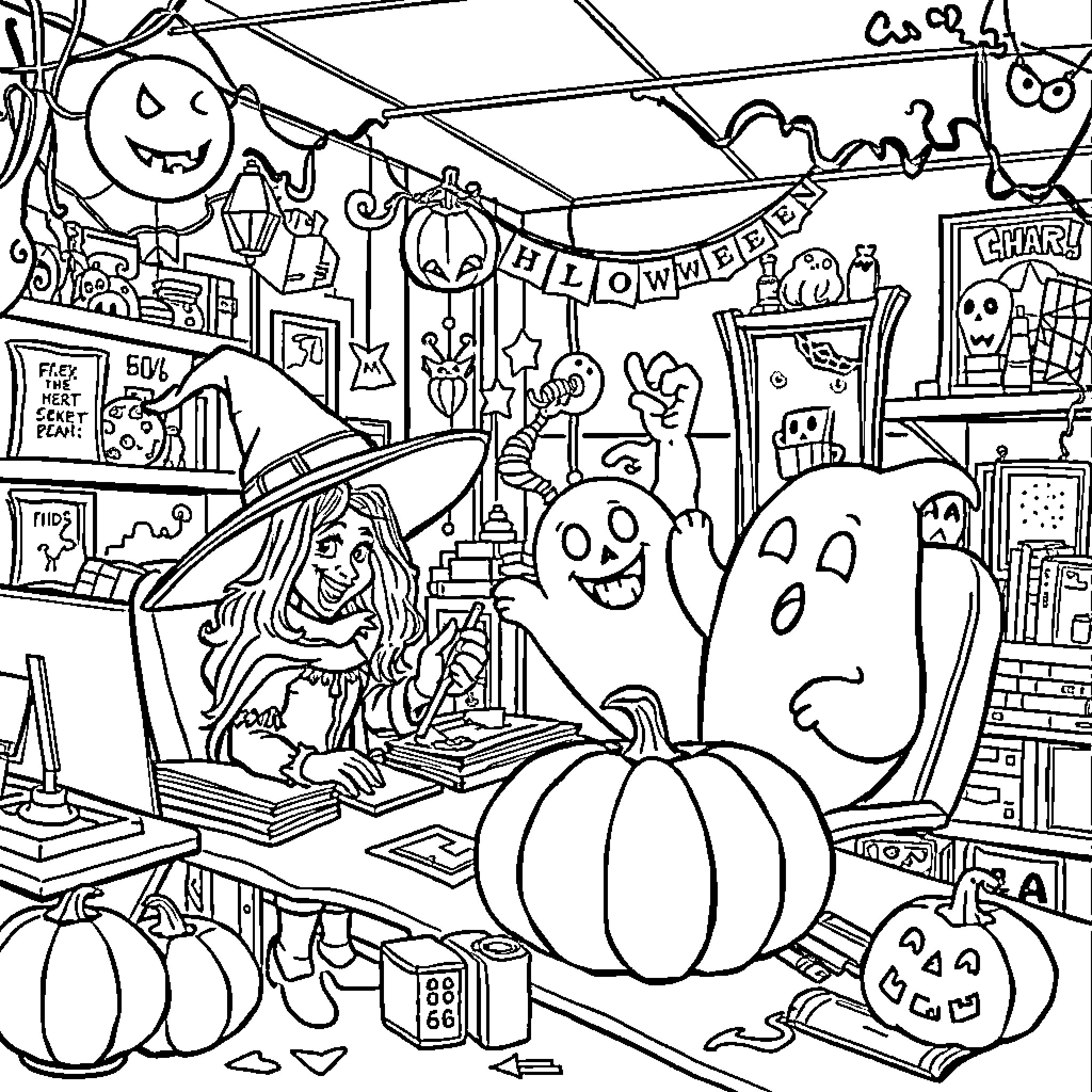 Halloween Character's Spooky Celebration Scene Coloring Page (free black-and-white line drawing printable PDF for all, from beginners to advanced learners, including children, teens, adults, and seniors)