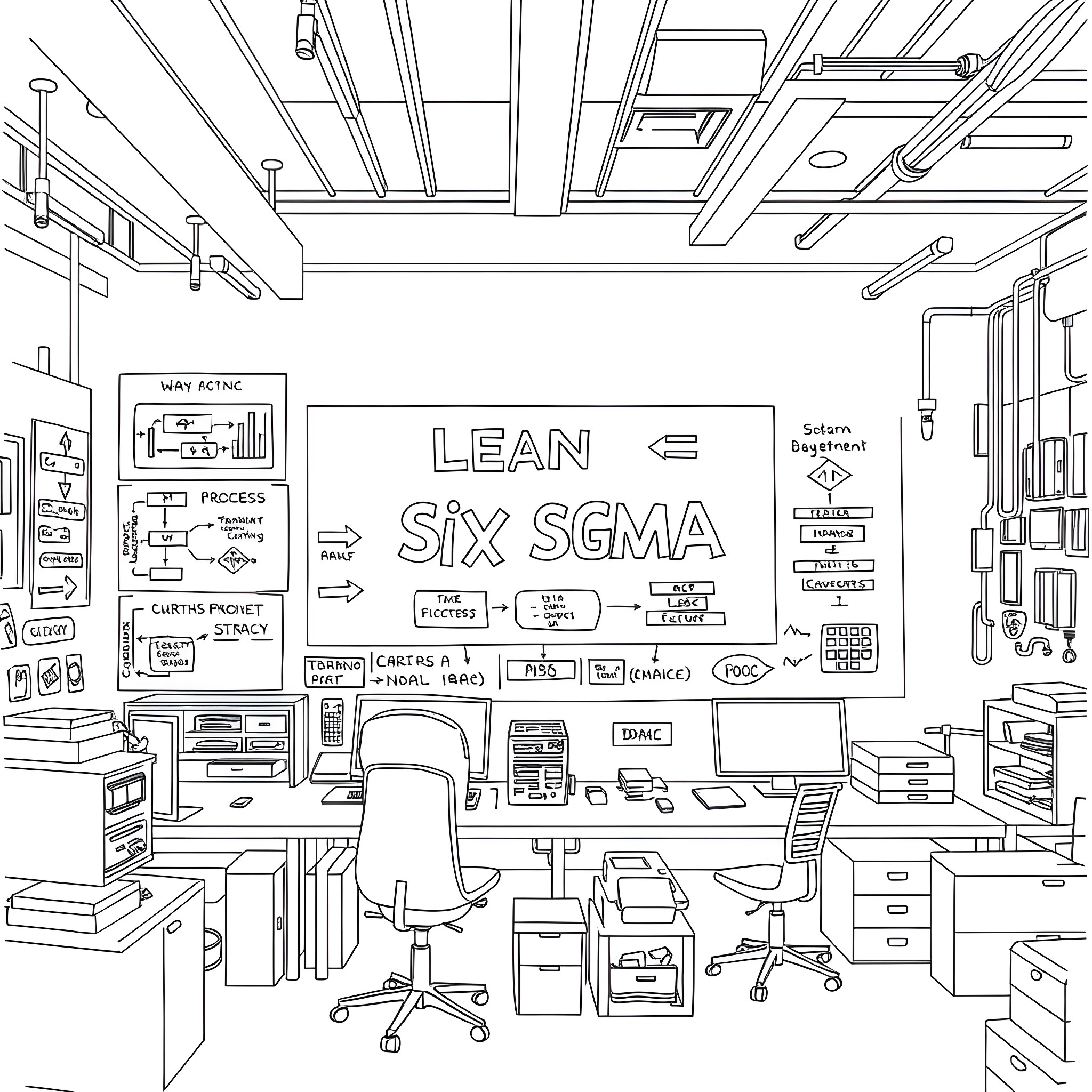 Lean Six Sigma Office Workspace Coloring Page (free black-and-white line drawing printable PDF for all, from beginners to advanced learners, including children, teens, adults, and seniors)