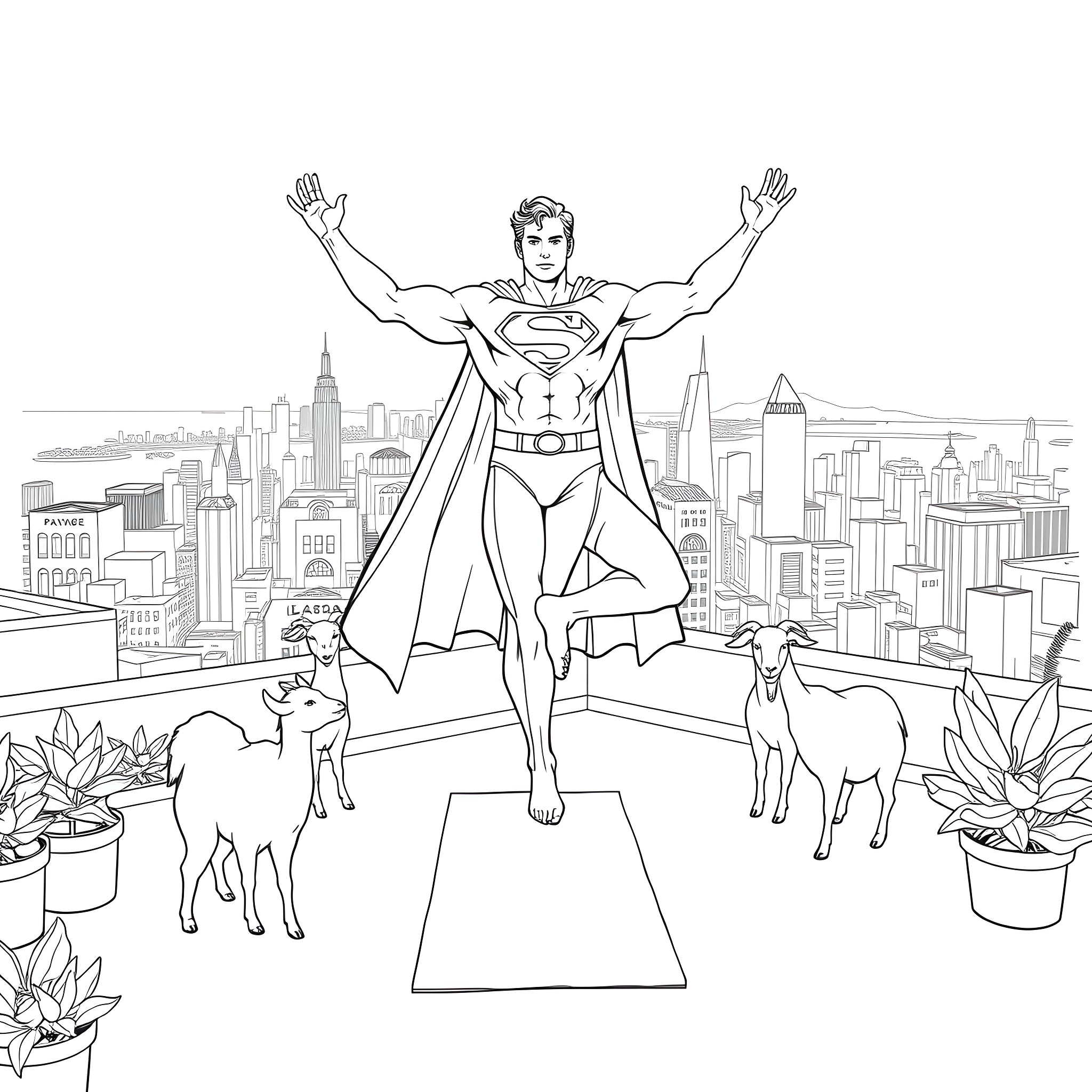 Superman's heroic pose in the city skyline Coloring Page (free black-and-white line drawing printable PDF for all, from beginners to advanced learners, including children, teens, adults, and seniors)
