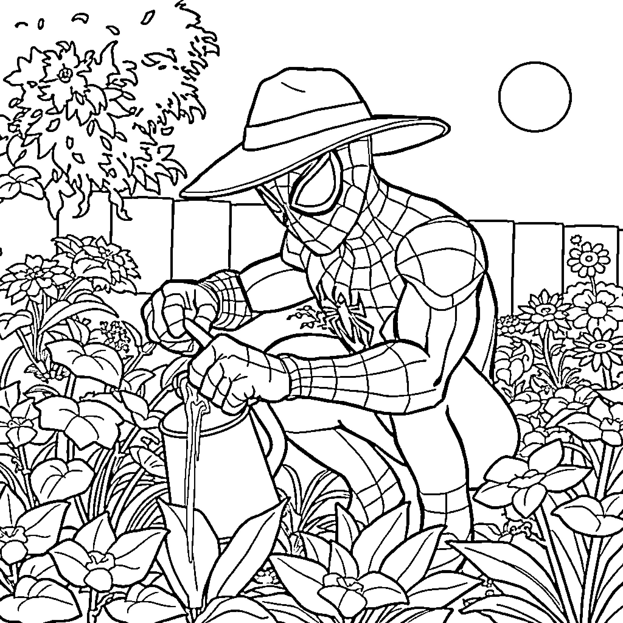 Spiderman Gardening in a Floral Scene Coloring Page (free black-and-white line drawing printable PDF for all, from beginners to advanced learners, including children, teens, adults, and seniors)
