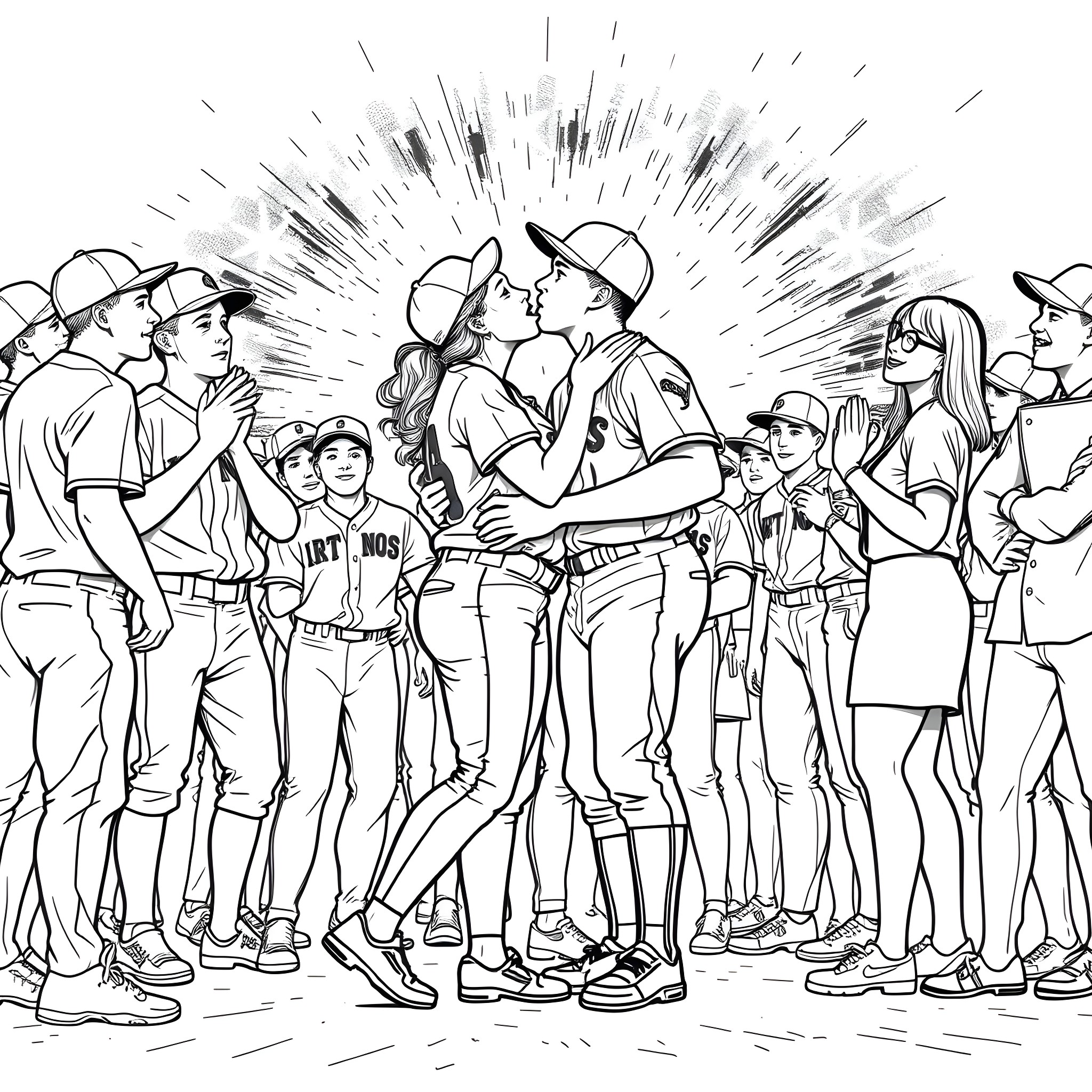 Woman celebrates victory with team on baseball field Coloring Page (free black-and-white line drawing printable PDF for all, from beginners to advanced learners, including children, teens, adults, and seniors)