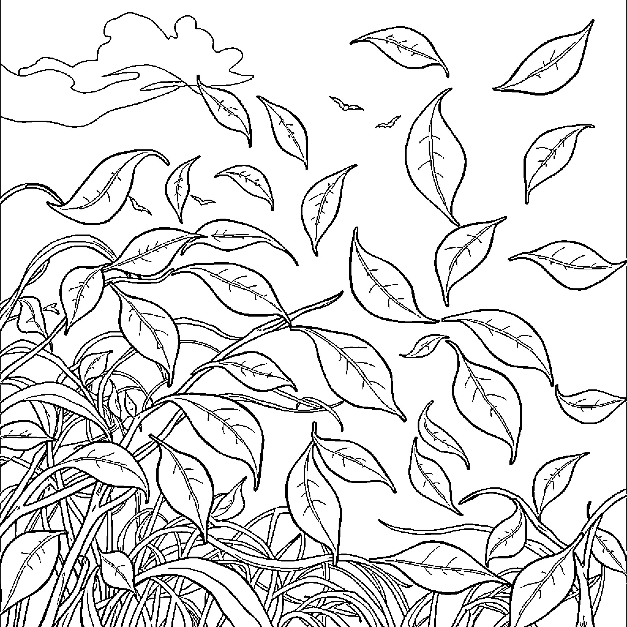 Wind Blowing Through Lush Foliage Coloring Page (free black-and-white line drawing printable PDF for all, from beginners to advanced learners, including children, teens, adults, and seniors)