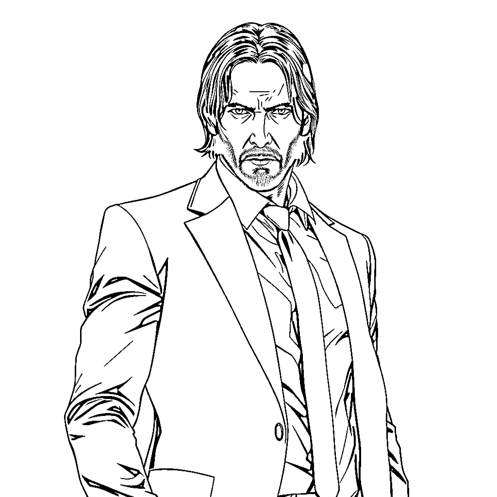 John Wick in Formal Attire, Resolute Expression Coloring Page (free black-and-white line drawing printable PDF for all, from beginners to advanced learners, including children, teens, adults, and seniors)
