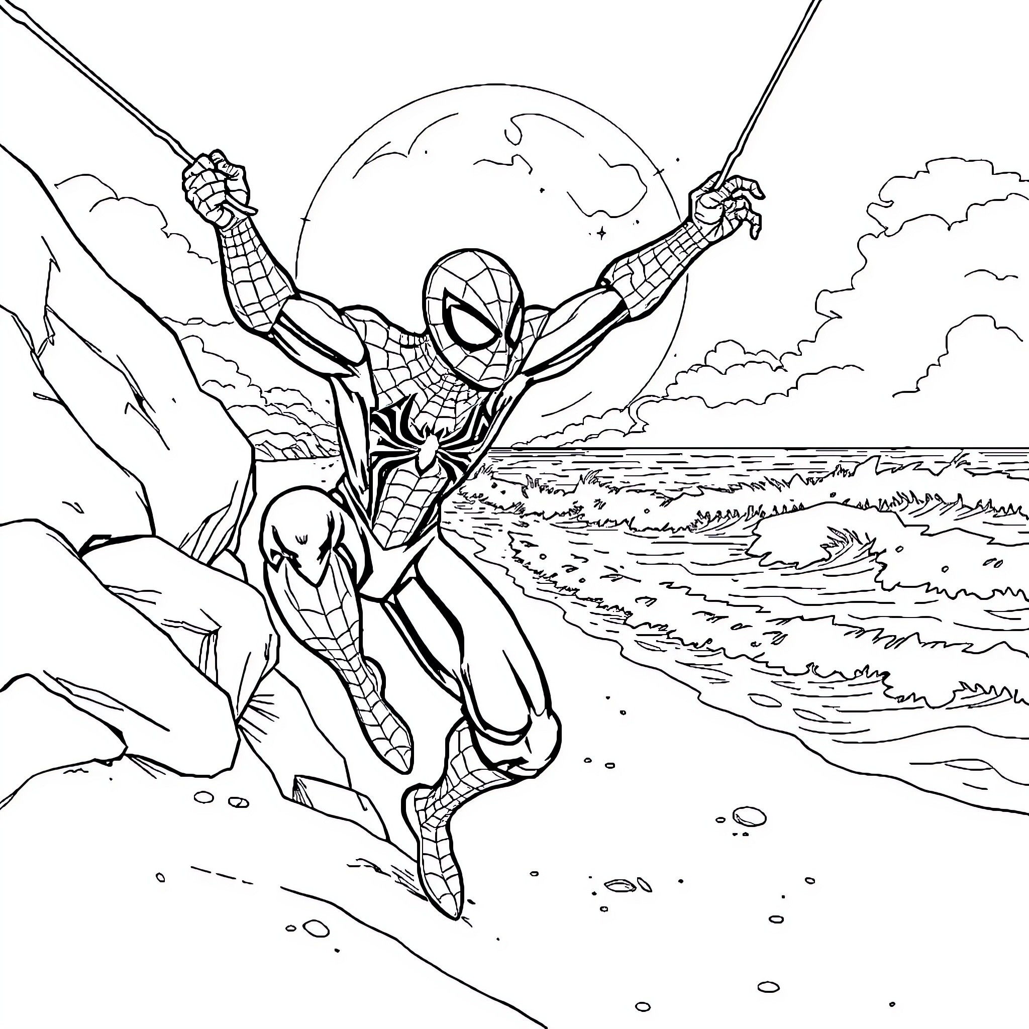 Spider-Man swinging through the city with excitement Coloring Page (free black-and-white line drawing printable PDF for all, from beginners to advanced learners, including children, teens, adults, and seniors)