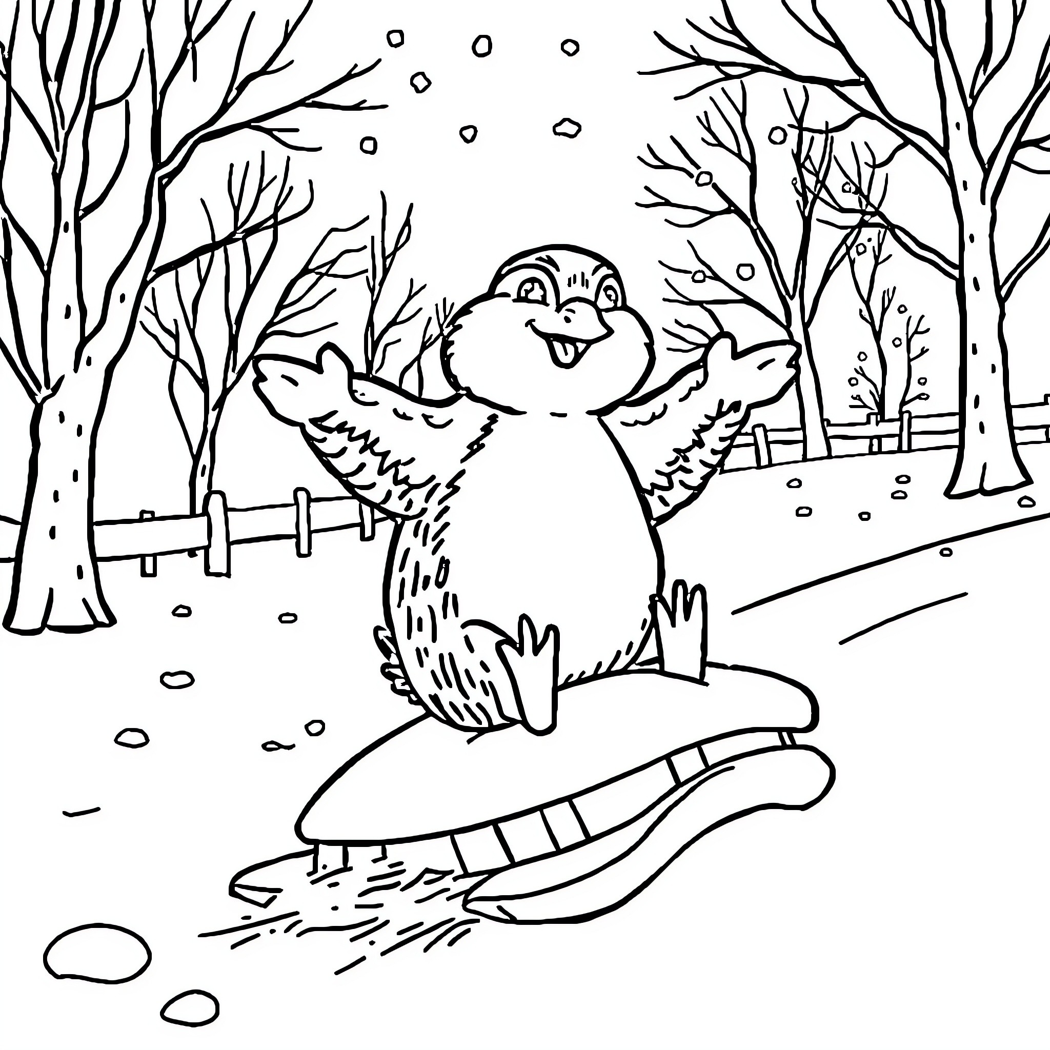 Duck playing happily in the snowy forest Coloring Page (free black-and-white line drawing printable PDF for all, from beginners to advanced learners, including children, teens, adults, and seniors)