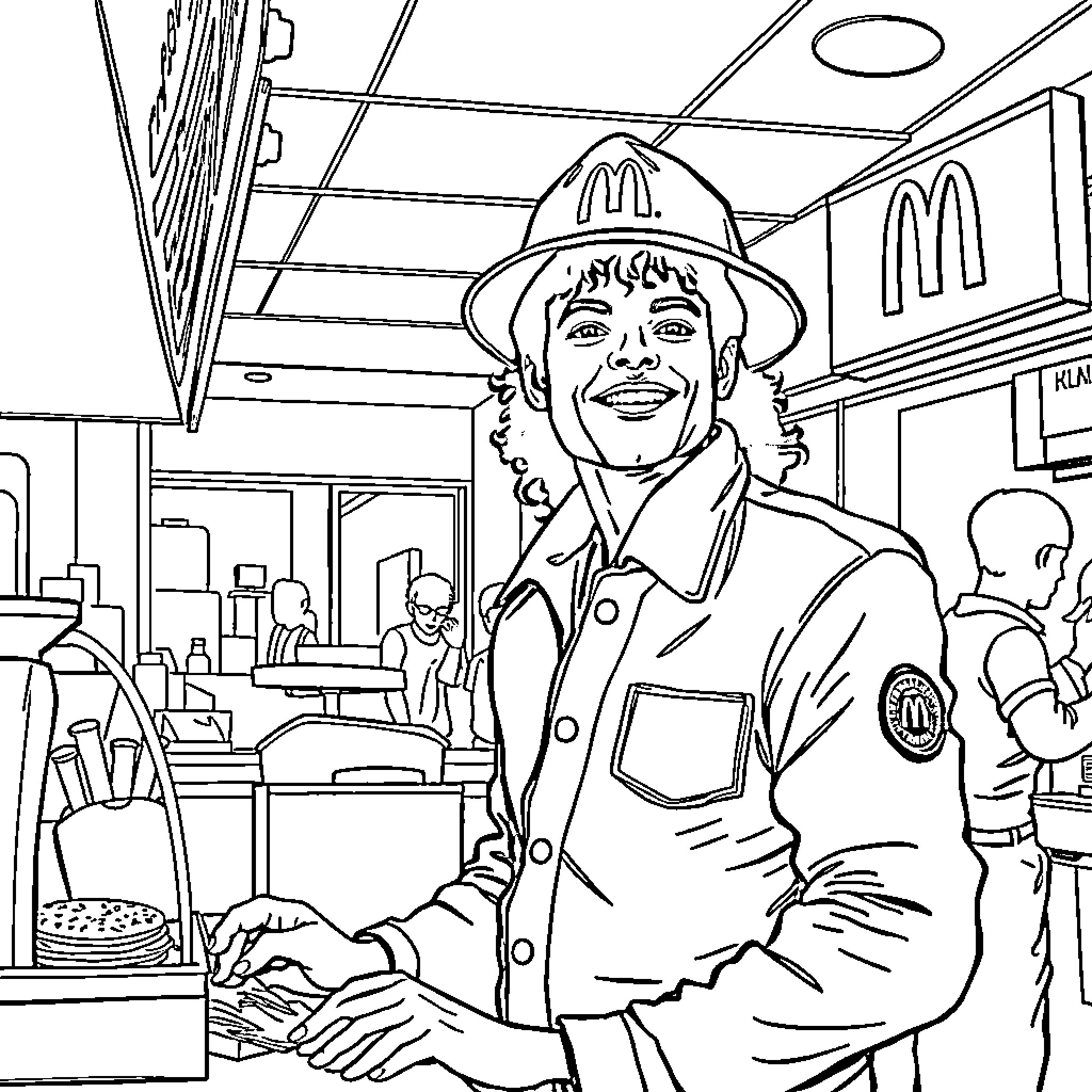 Michael Jackson at a McDonald's restaurant Coloring Page (free black-and-white line drawing printable PDF for all, from beginners to advanced learners, including children, teens, adults, and seniors)