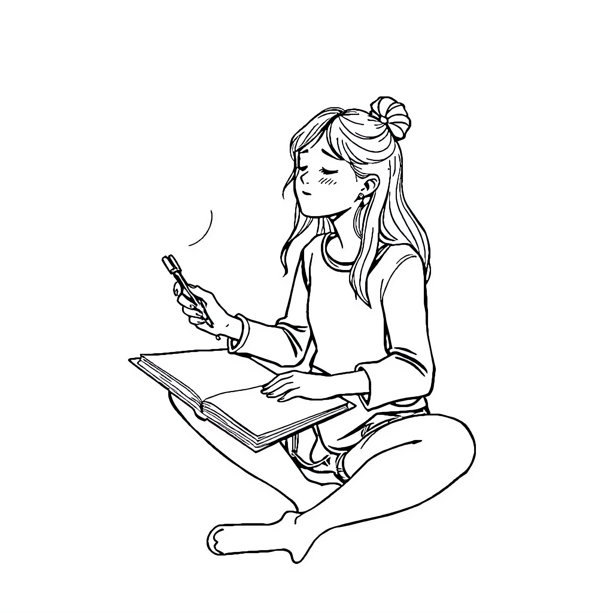Girl sitting cross-legged and reading a book Coloring Page (free black-and-white line drawing printable PDF for all, from beginners to advanced learners, including children, teens, adults, and seniors)
