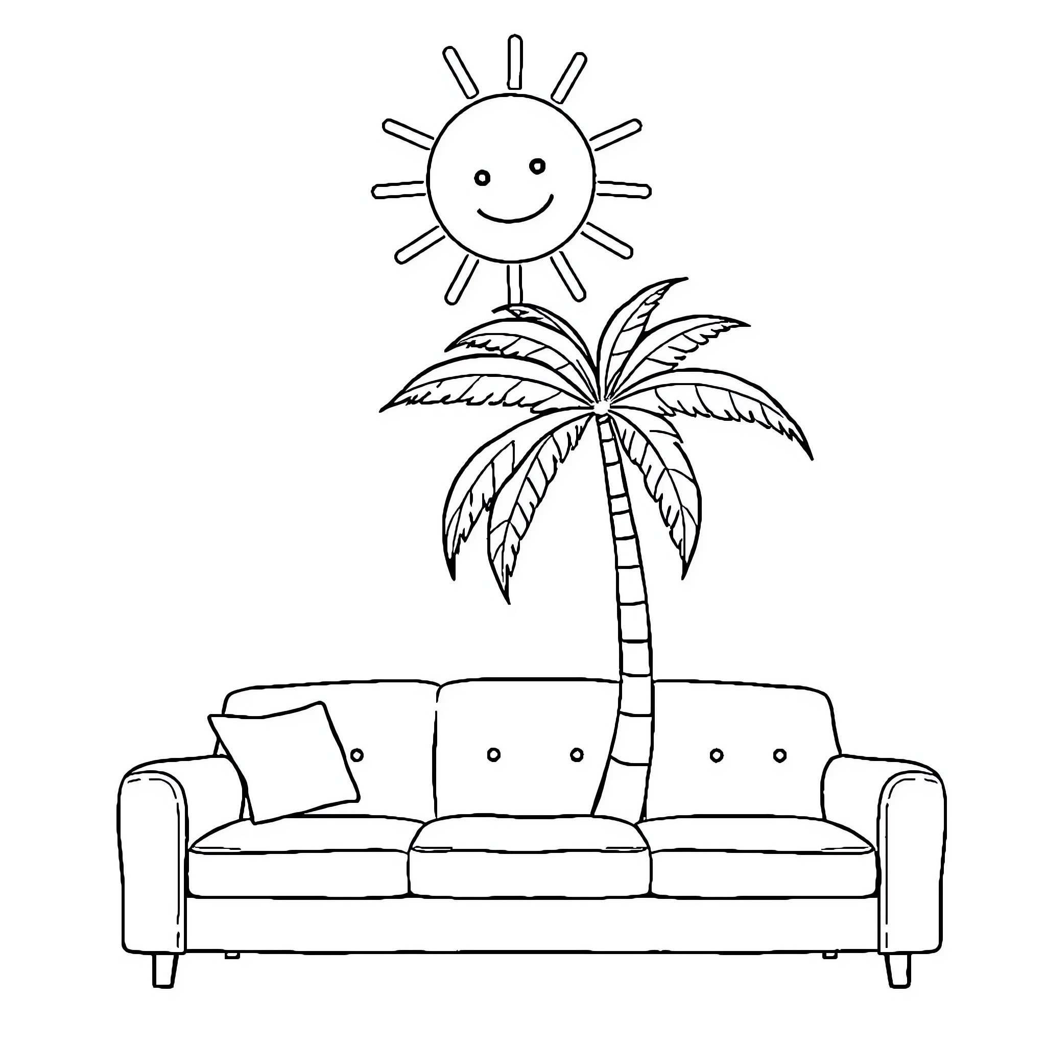 Sun shining on a cozy sofa under a palm tree Coloring Page (free black-and-white line drawing printable PDF for all, from beginners to advanced learners, including children, teens, adults, and seniors)