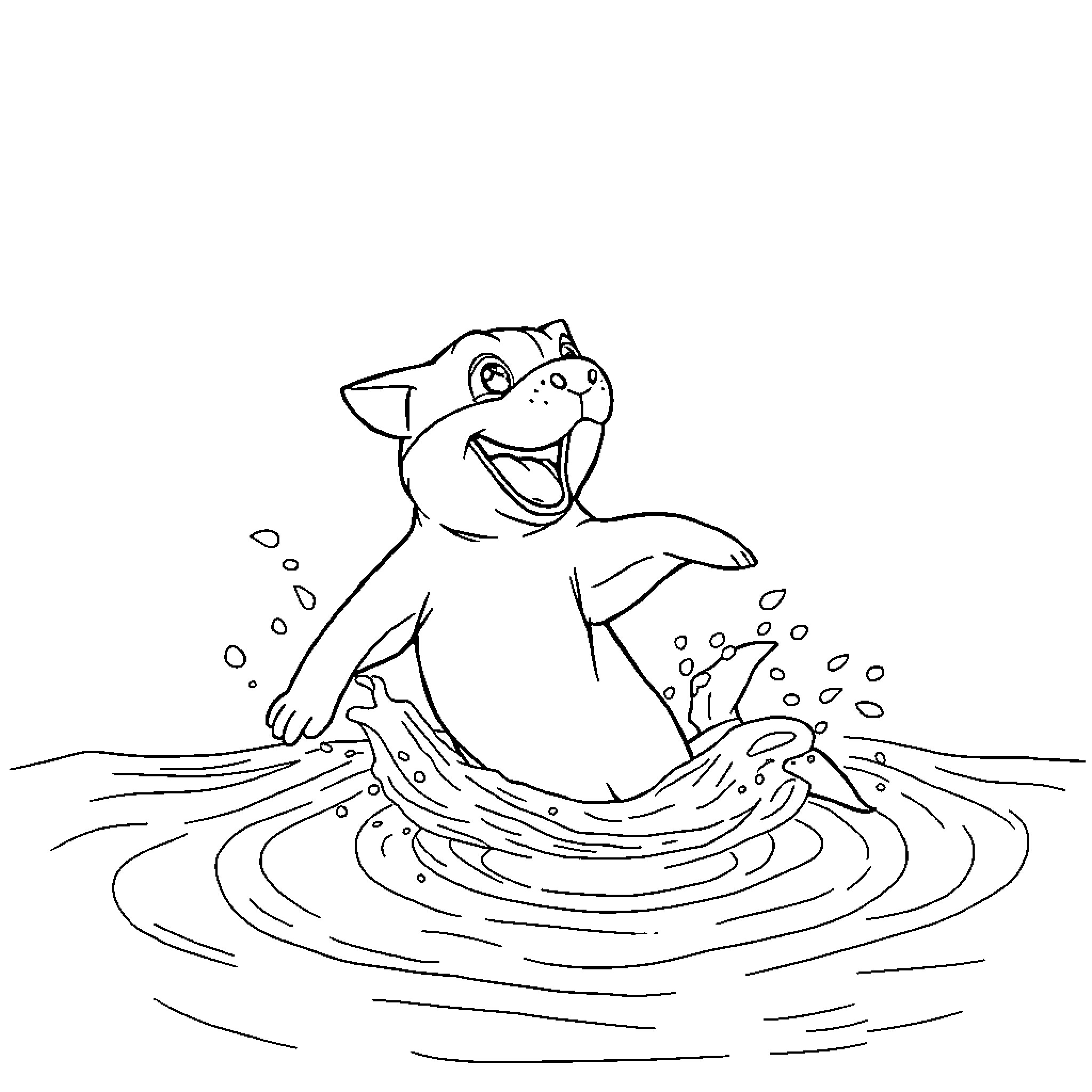 Perro playing in the water with joy Coloring Page (free black-and-white line drawing printable PDF for all, from beginners to advanced learners, including children, teens, adults, and seniors)
